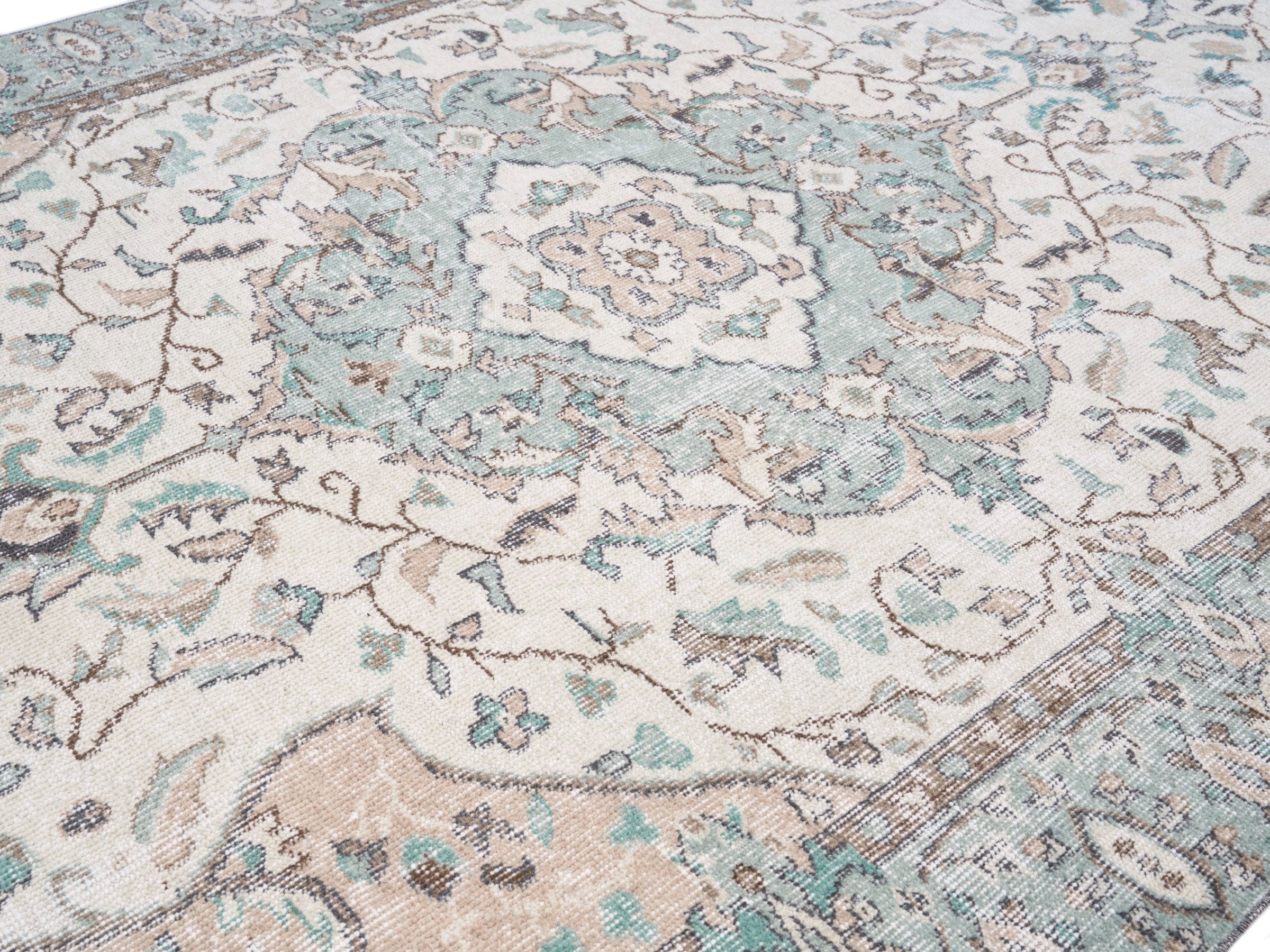 Turkish Isparta area rug in cream and blue gray, view 5 of 10