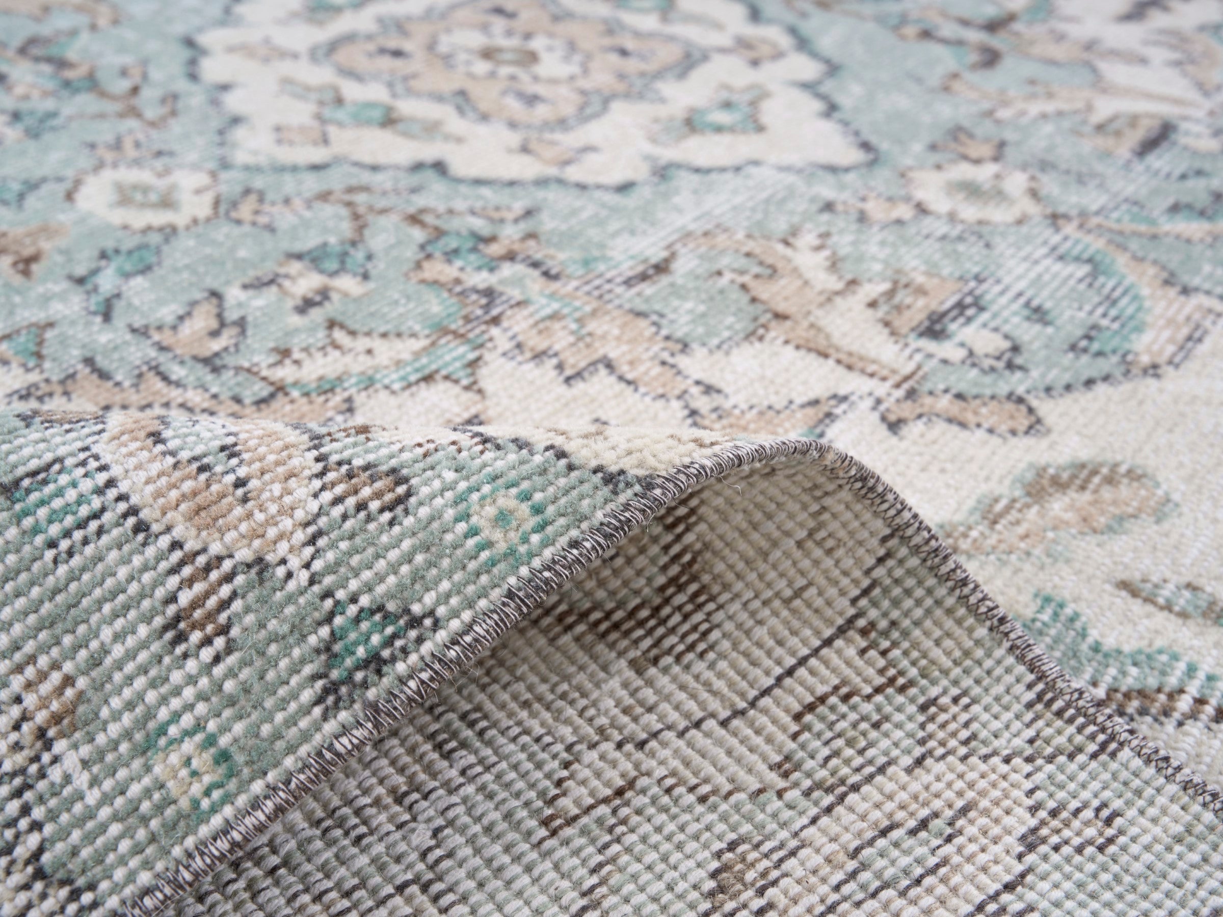 Turkish Isparta area rug in cream and blue gray, view 9 of 10