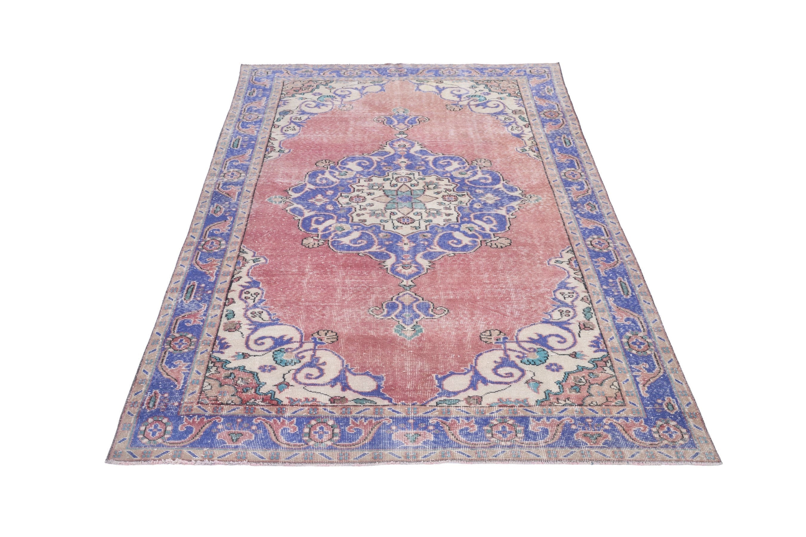 Turkish Isparta area rug in dusty rose and dark blue, view 2 of 10