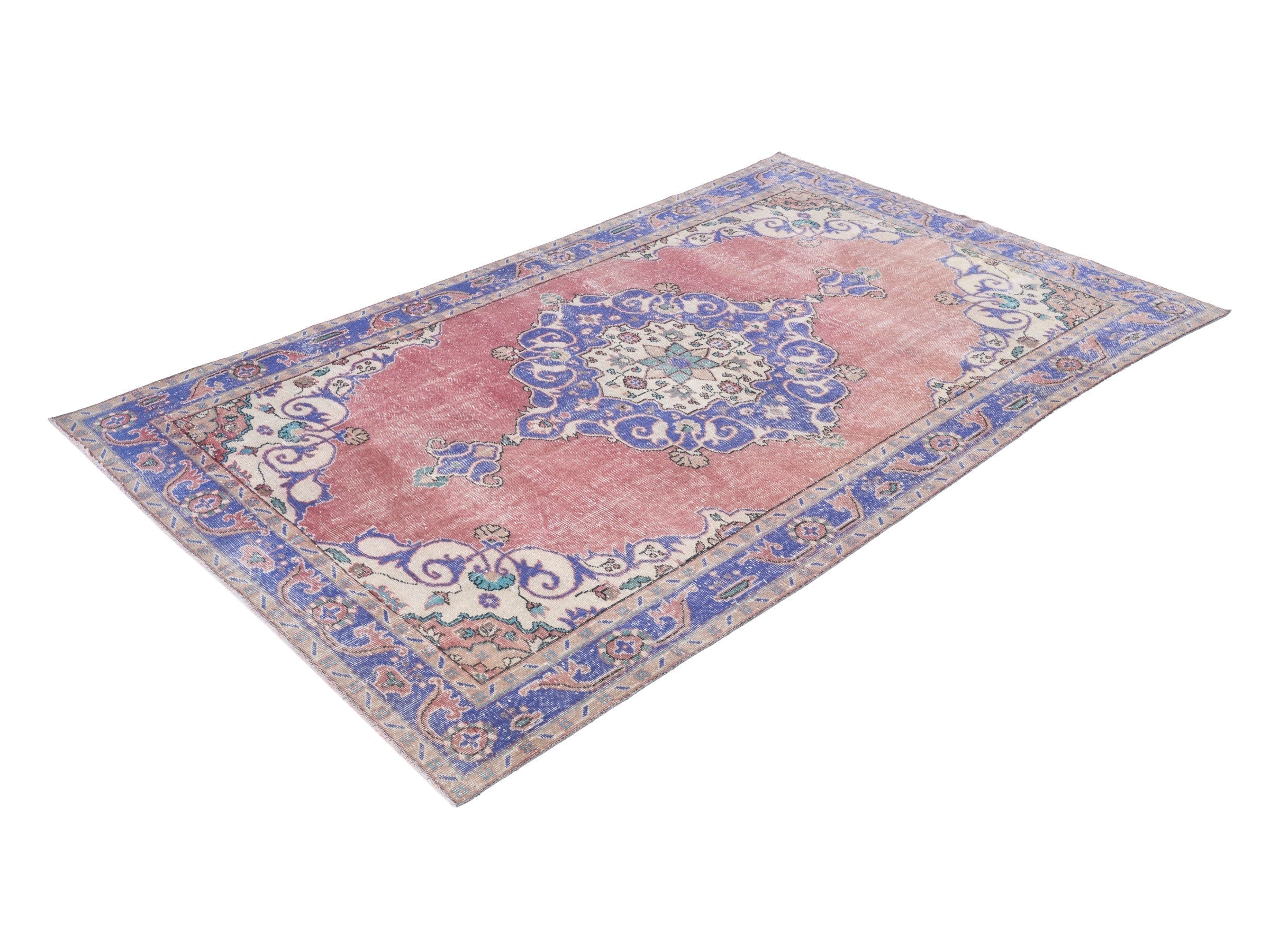 Turkish Isparta area rug in dusty rose and dark blue, view 3 of 10