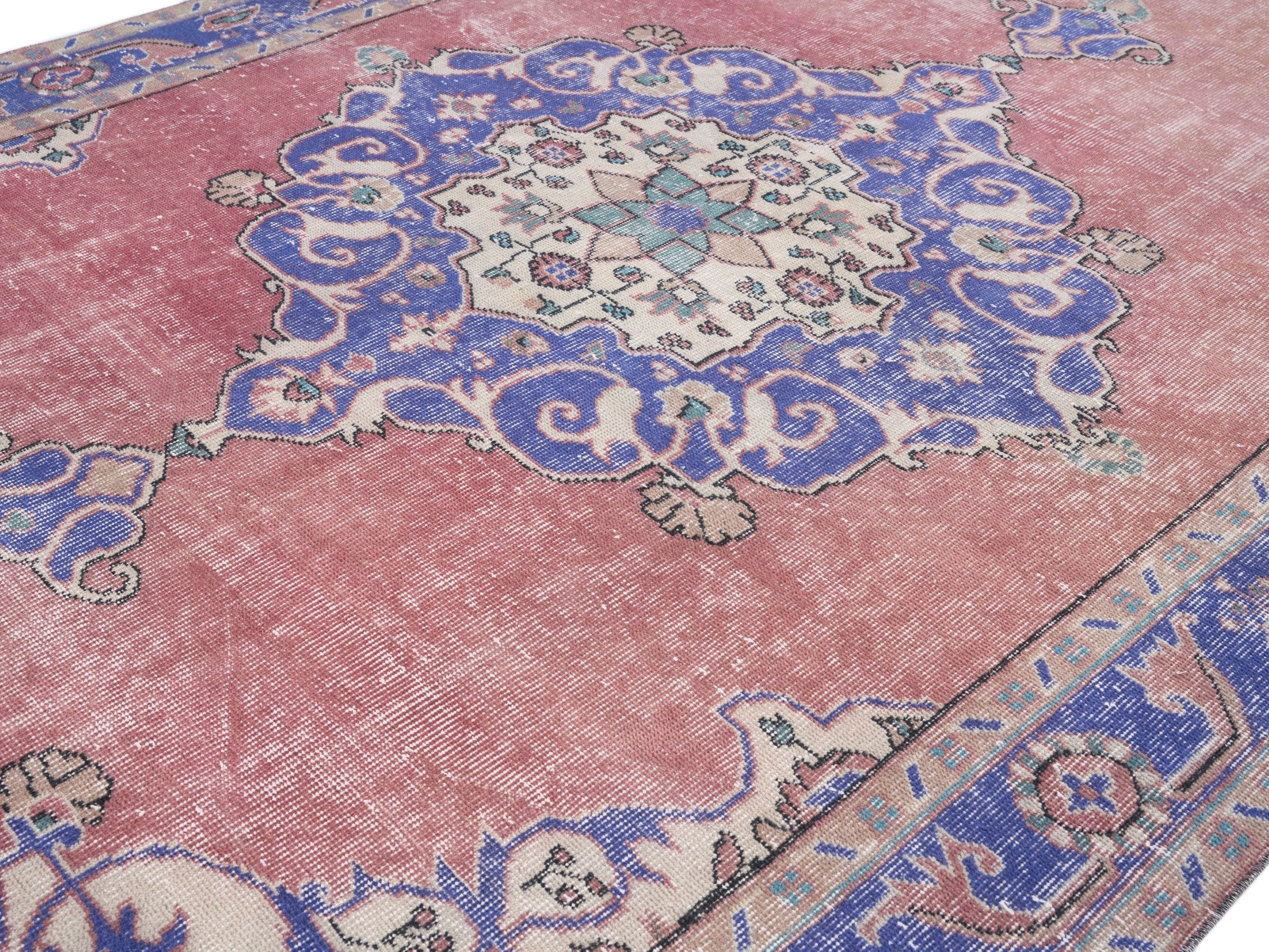 Turkish Isparta area rug in dusty rose and dark blue, view 5 of 10
