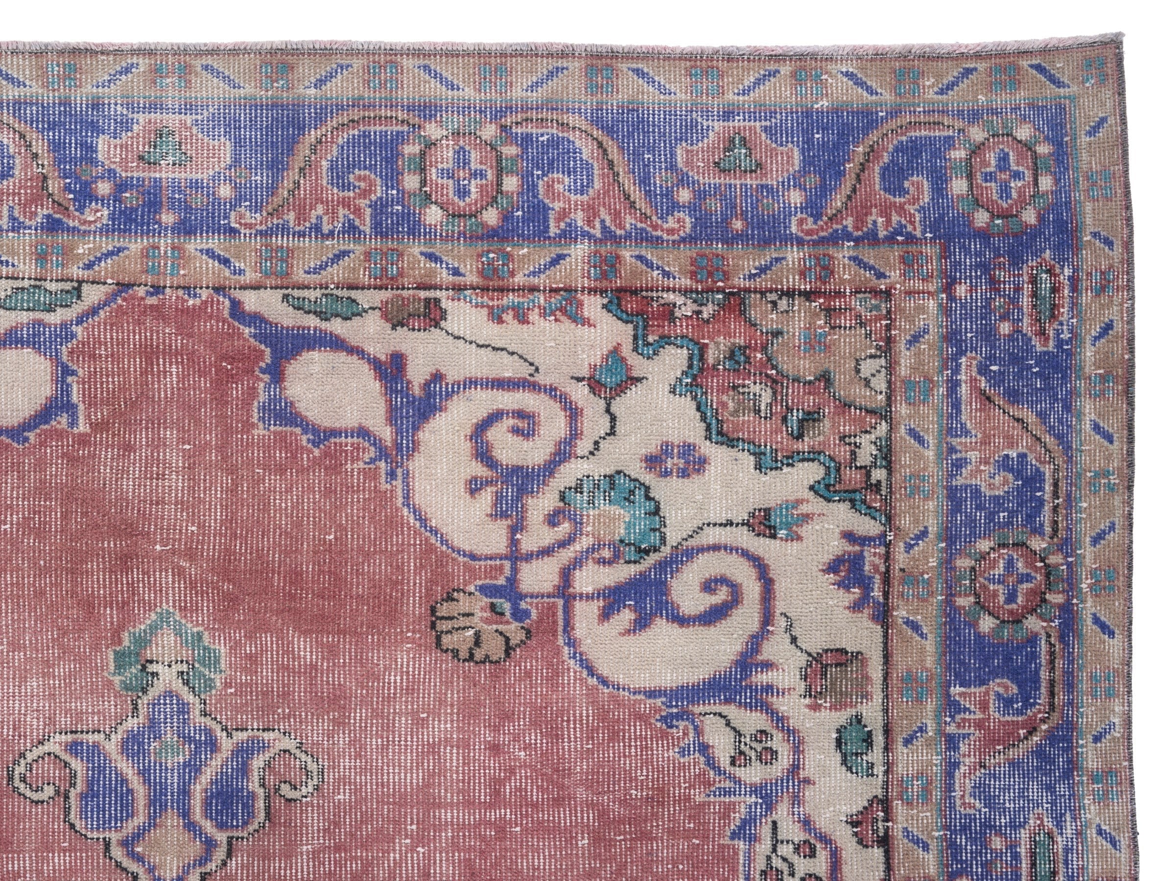 Turkish Isparta area rug in dusty rose and dark blue, view 8 of 10