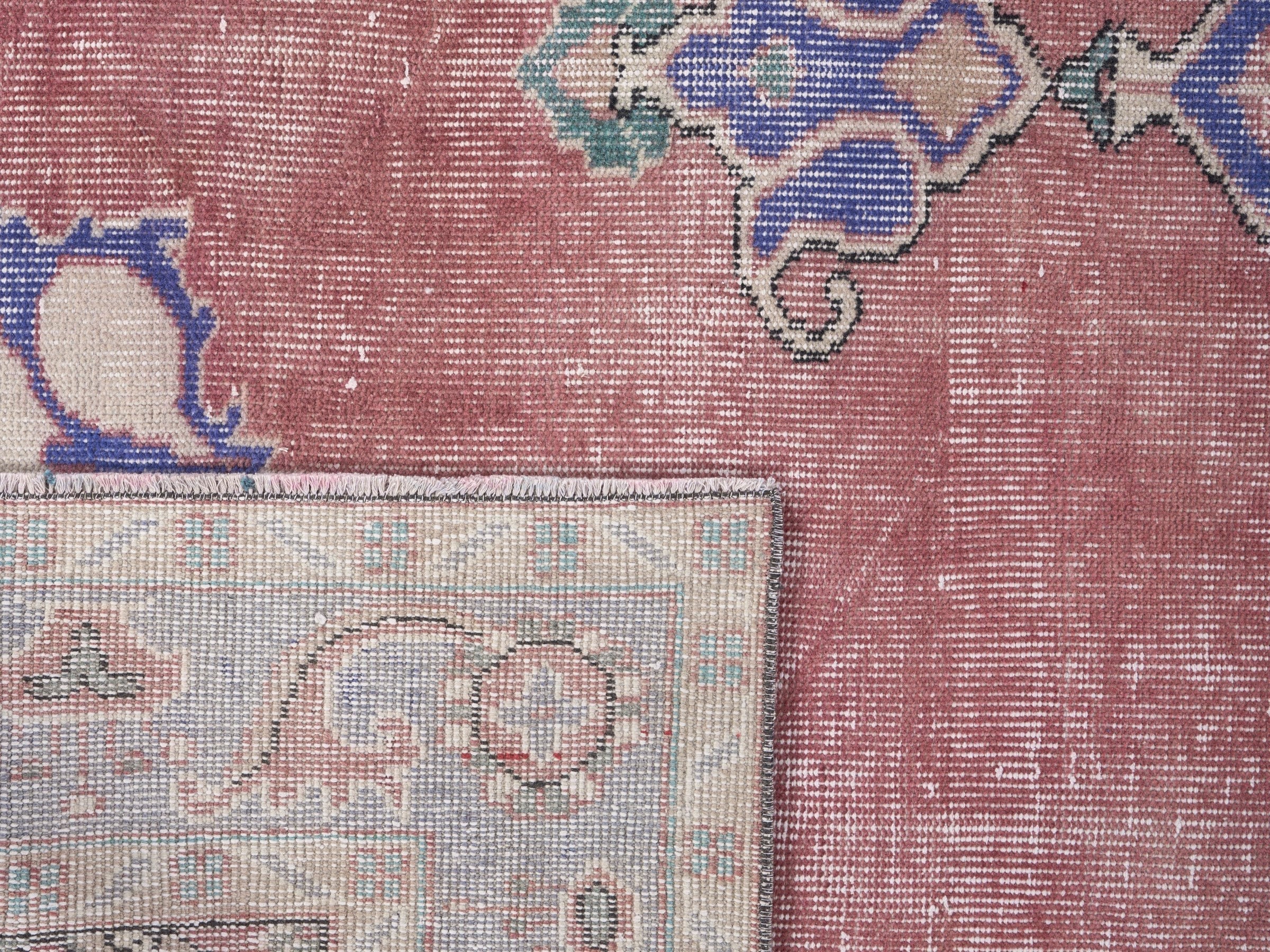 Turkish Isparta area rug in dusty rose and dark blue, view 10 of 10