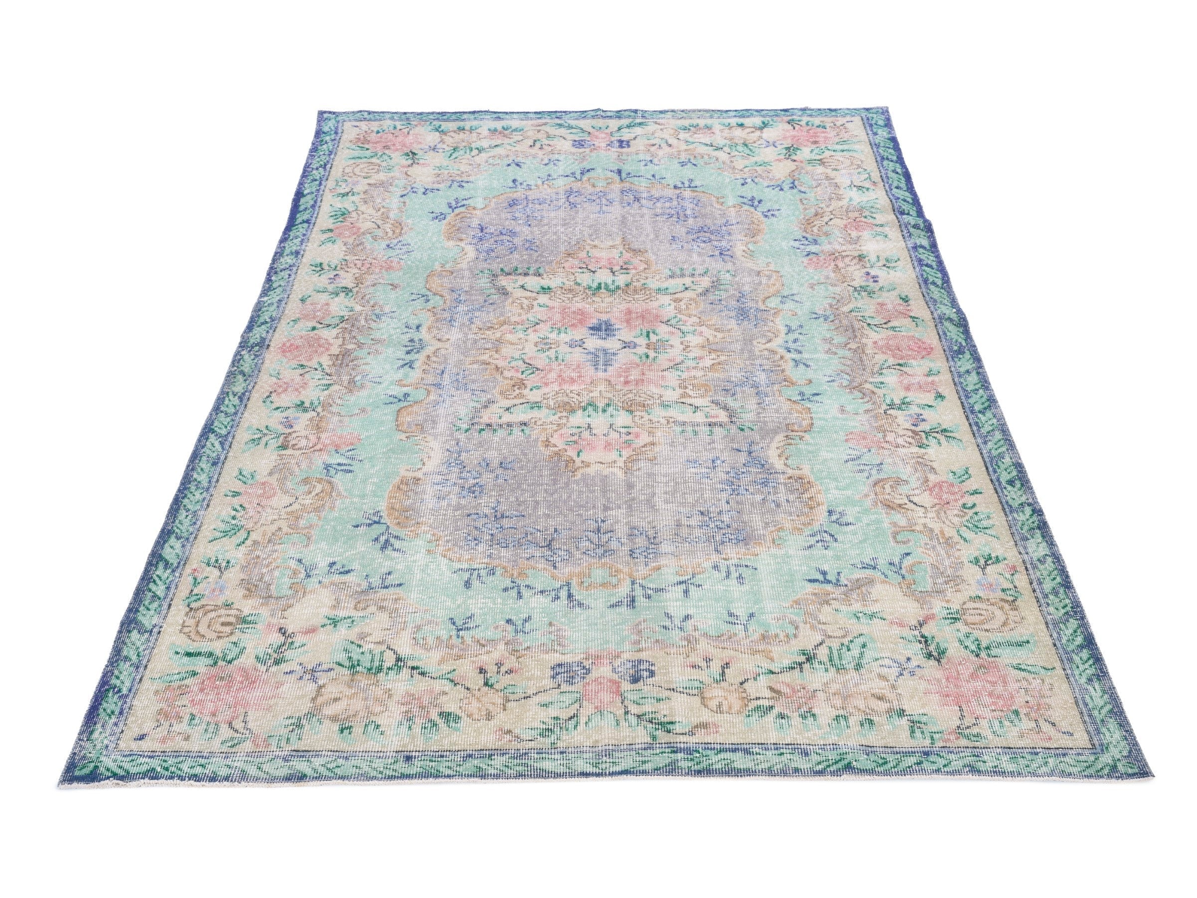 Turkish Isparta area rug in dusty blue and muted pink, view 2 of 10