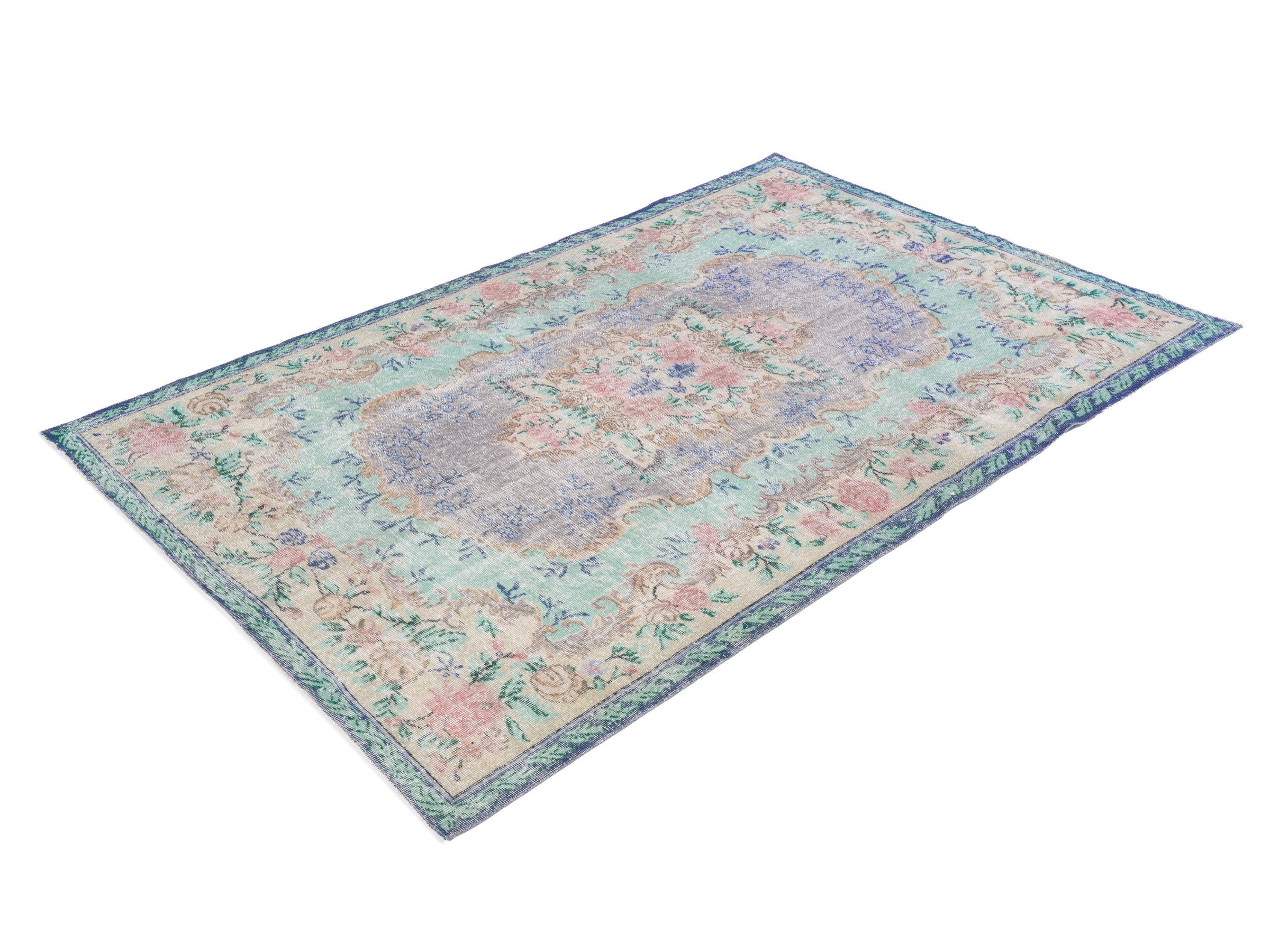 Turkish Isparta area rug in dusty blue and muted pink, view 3 of 10