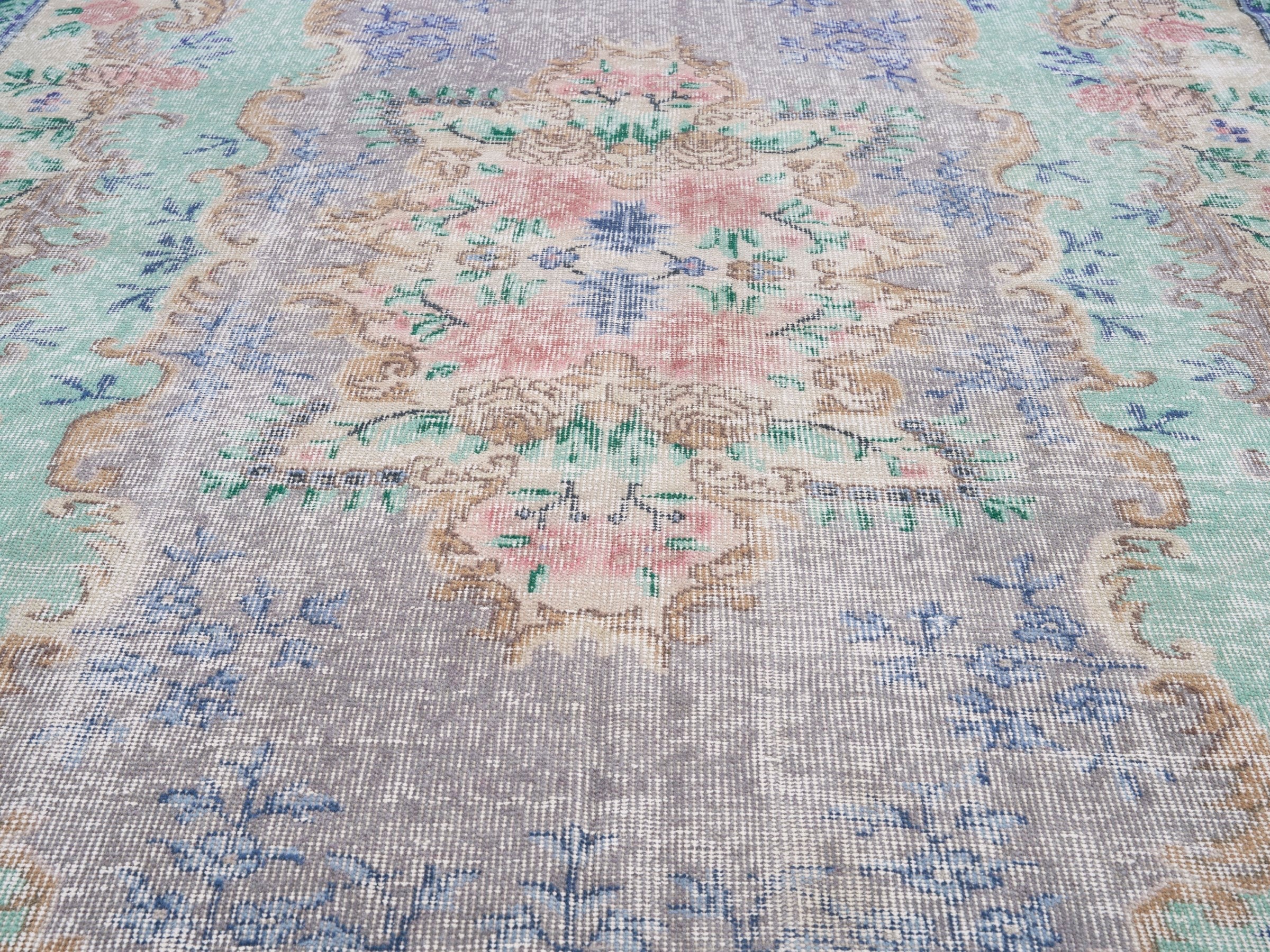 Turkish Isparta area rug in dusty blue and muted pink, view 4 of 10