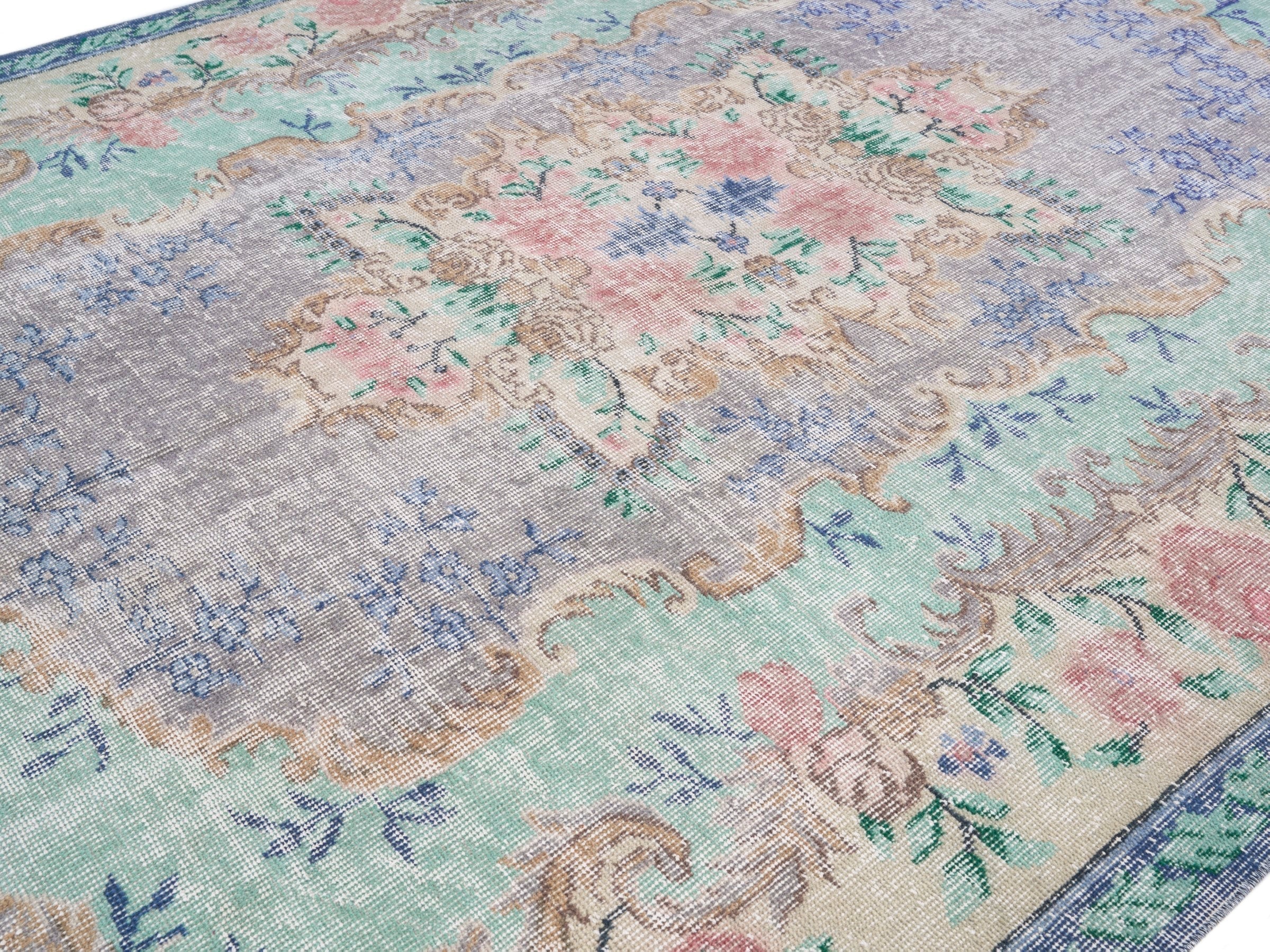 Turkish Isparta area rug in dusty blue and muted pink, view 5 of 10