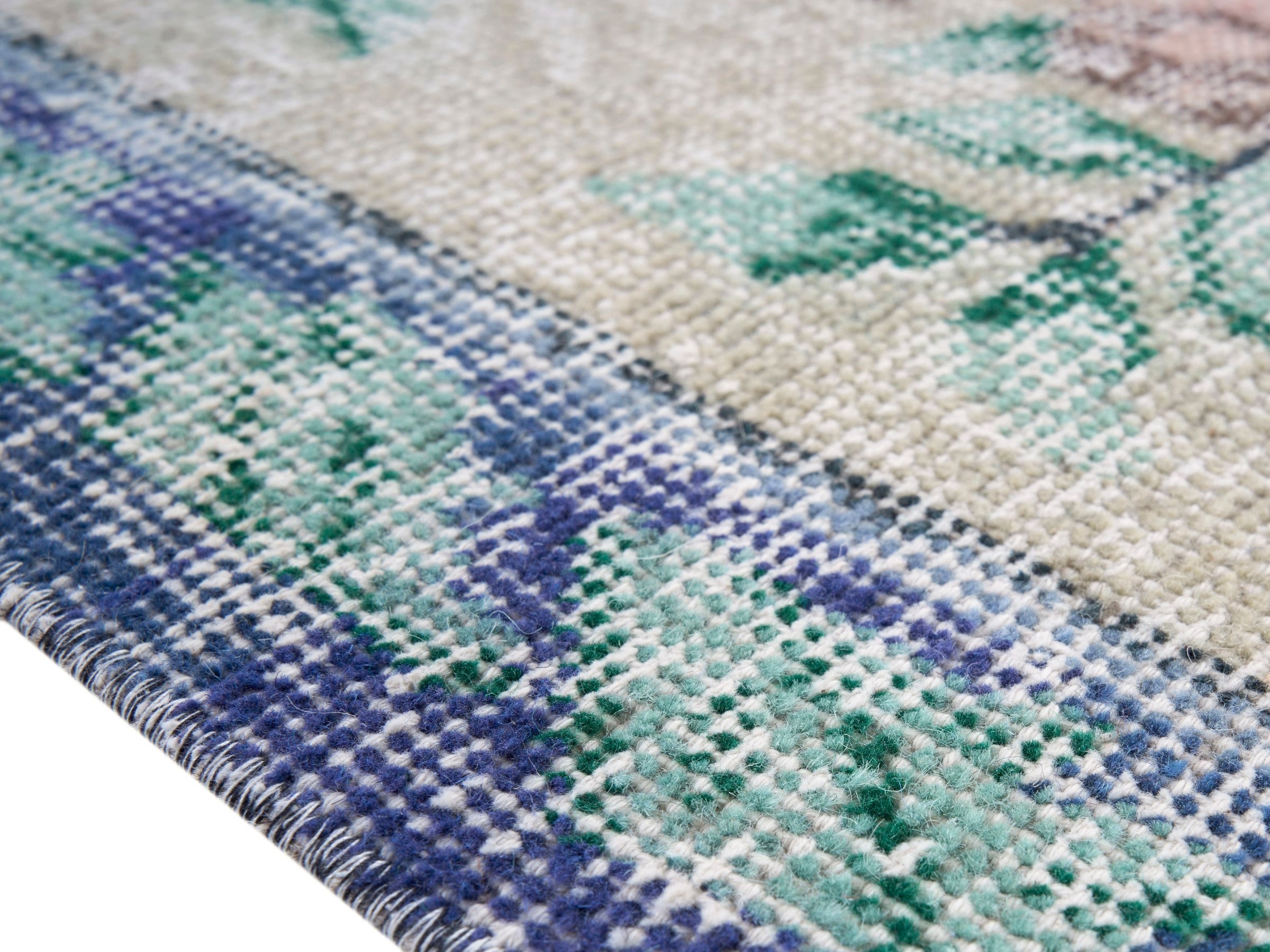 Turkish Isparta area rug in dusty blue and muted pink, view 6 of 10