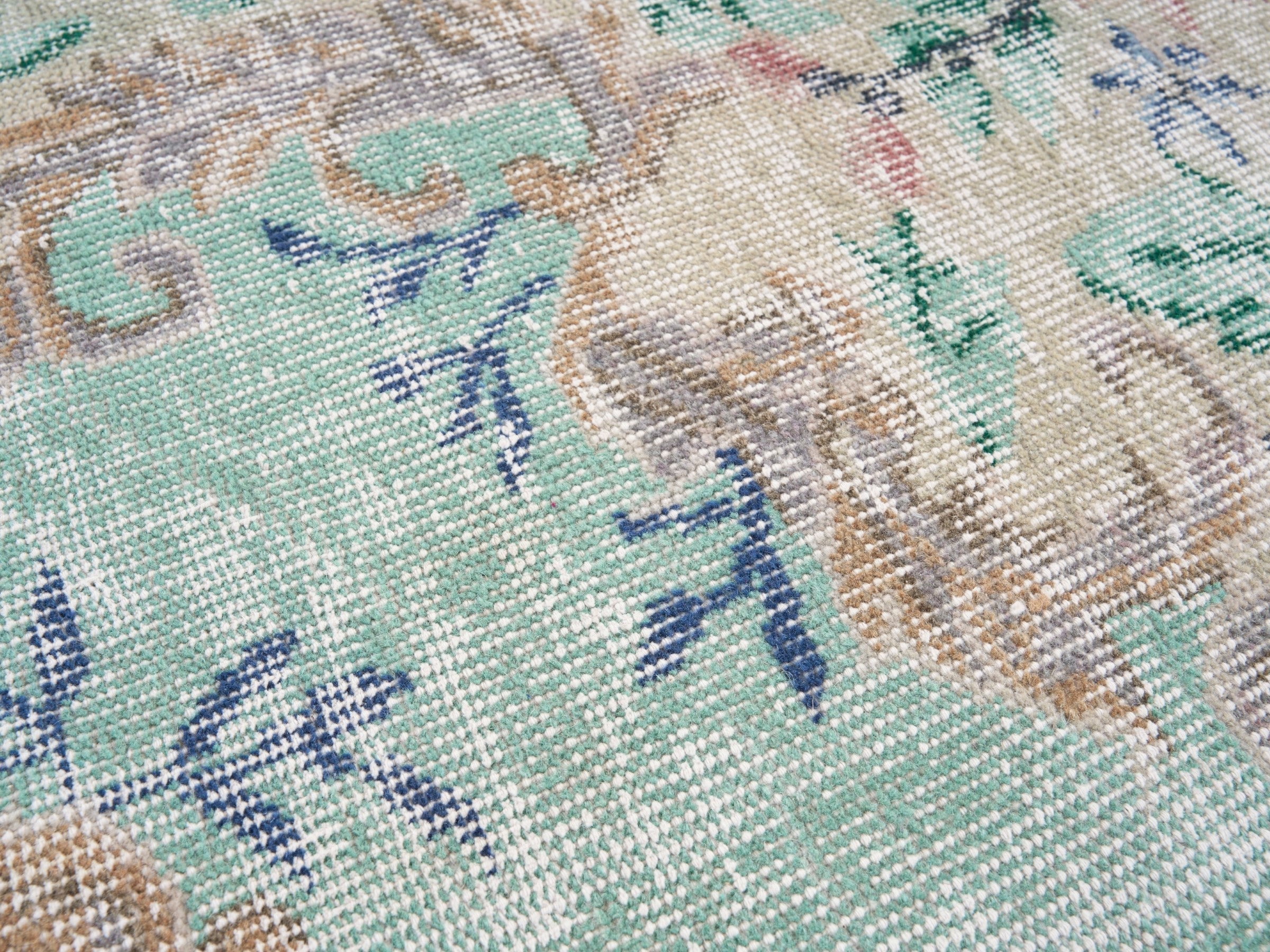 Turkish Isparta area rug in dusty blue and muted pink, view 7 of 10