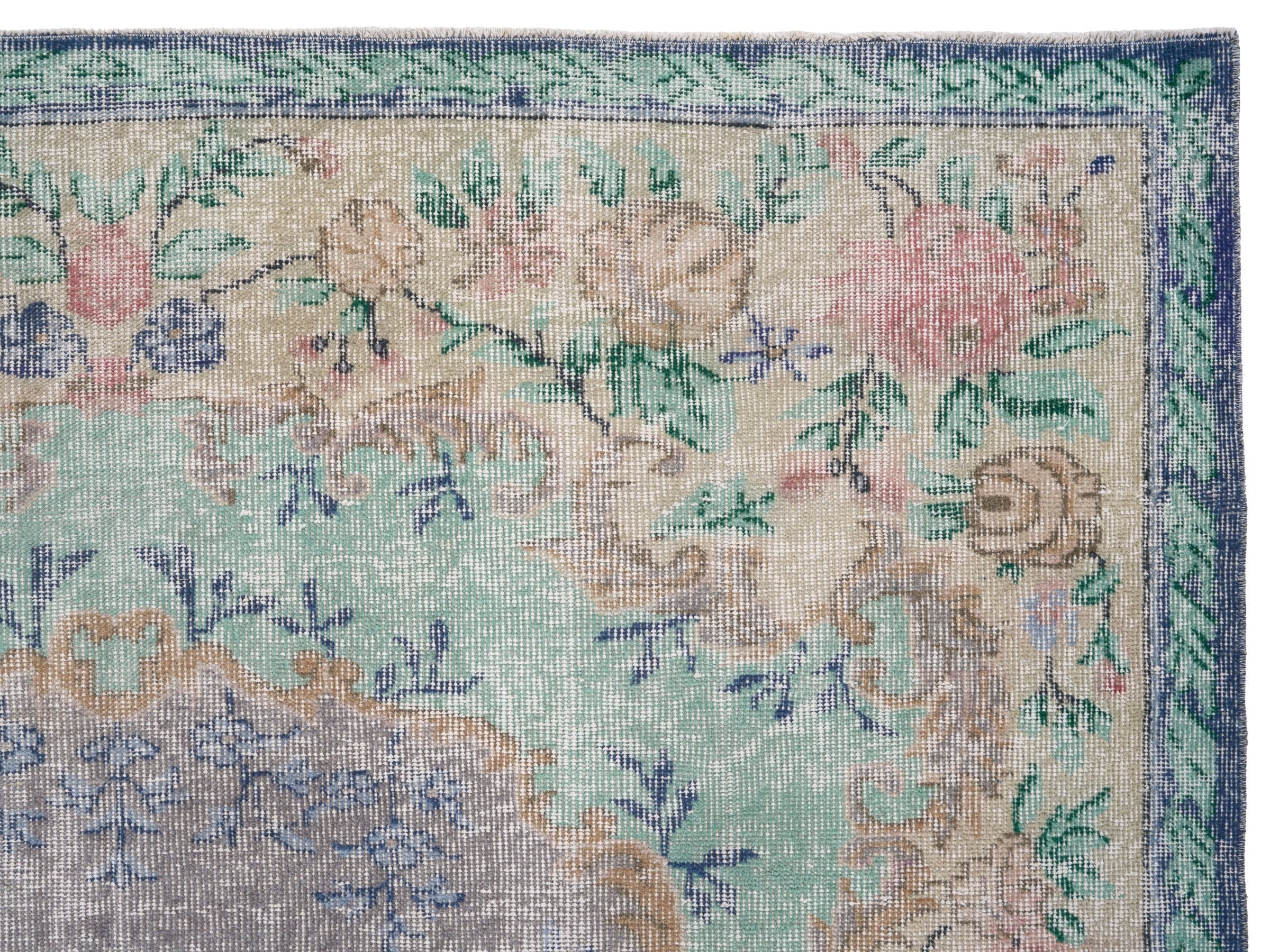 Turkish Isparta area rug in dusty blue and muted pink, view 8 of 10