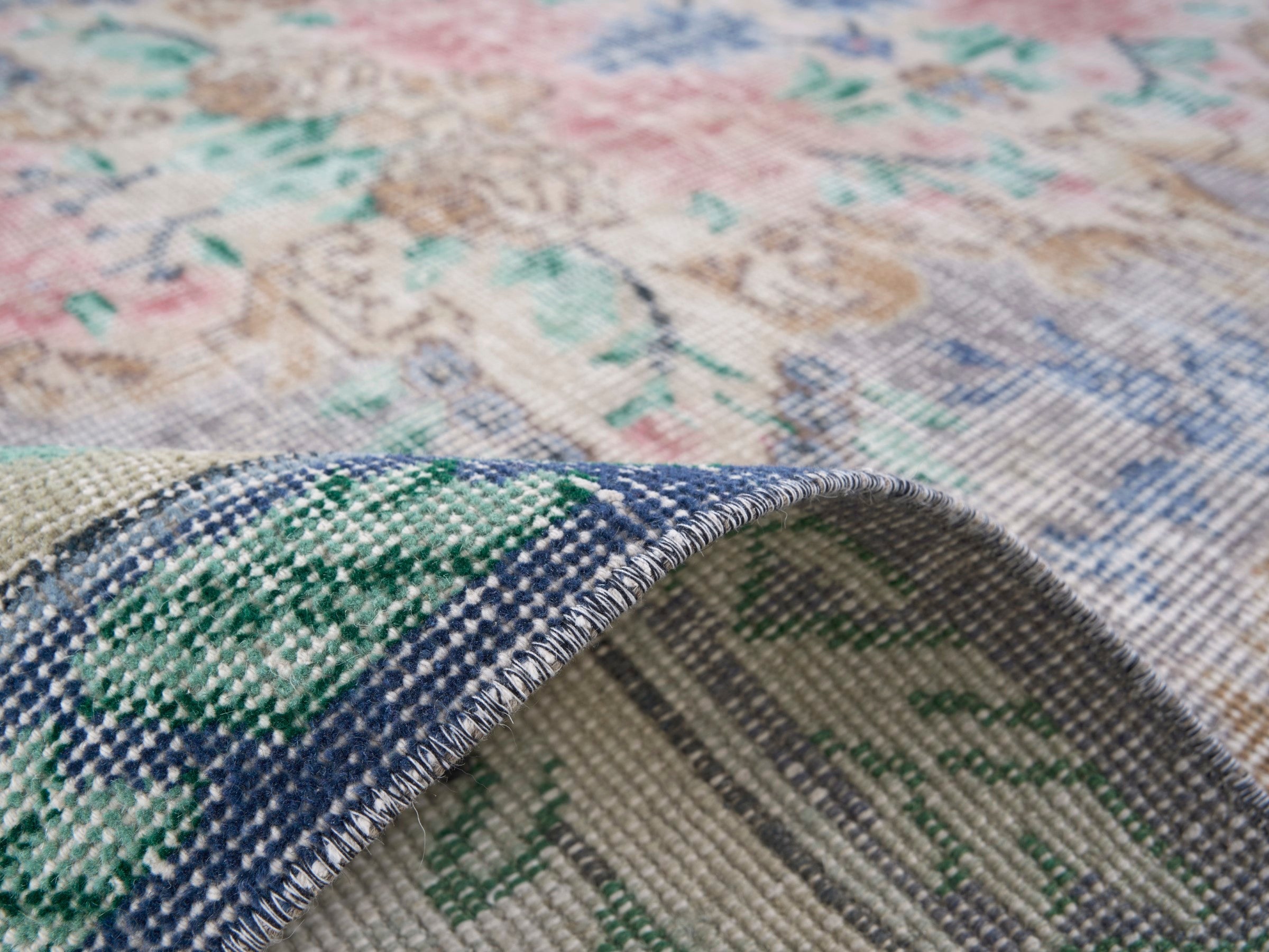 Turkish Isparta area rug in dusty blue and muted pink, view 9 of 10