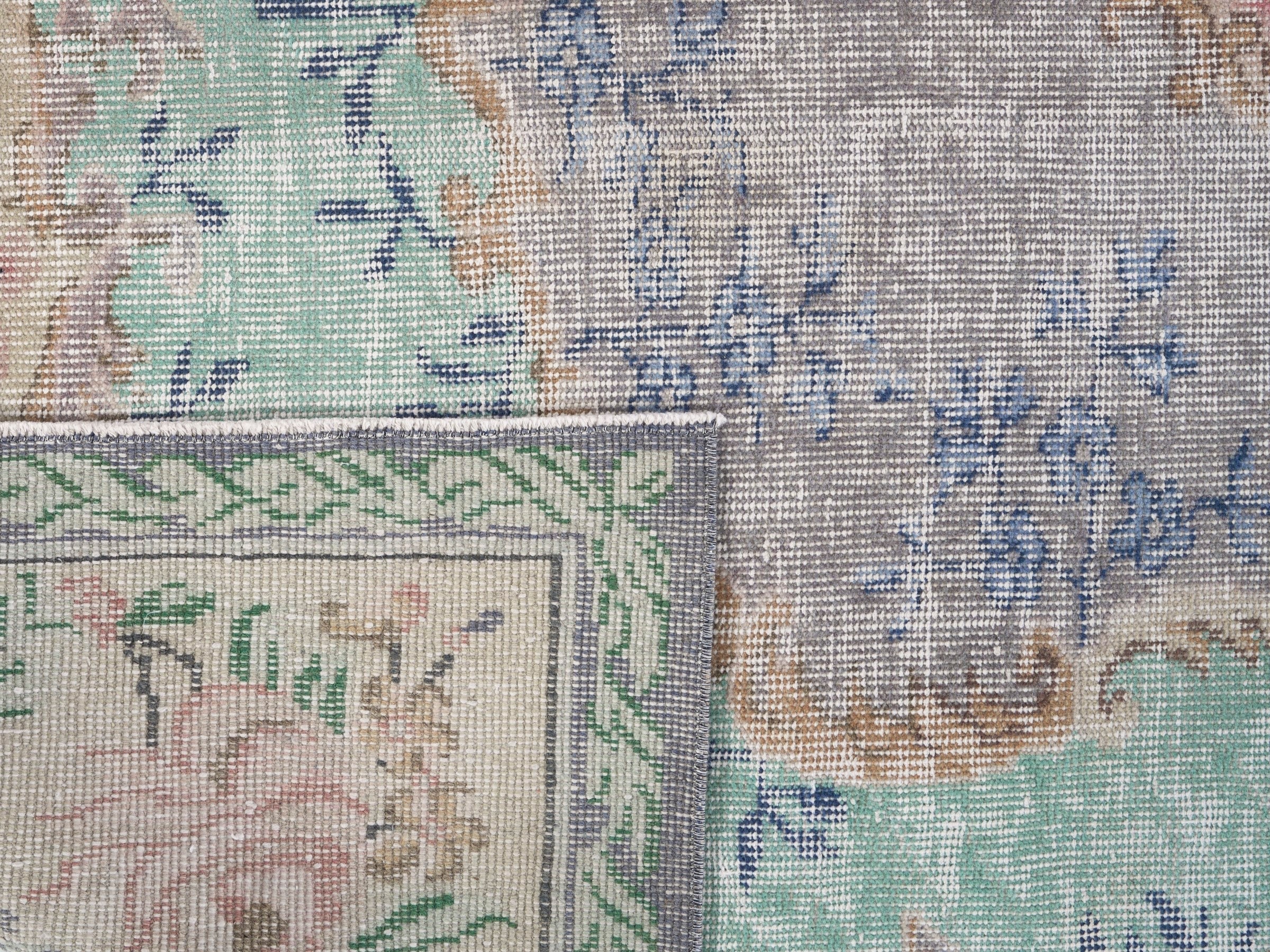 Turkish Isparta area rug in dusty blue and muted pink, view 10 of 10