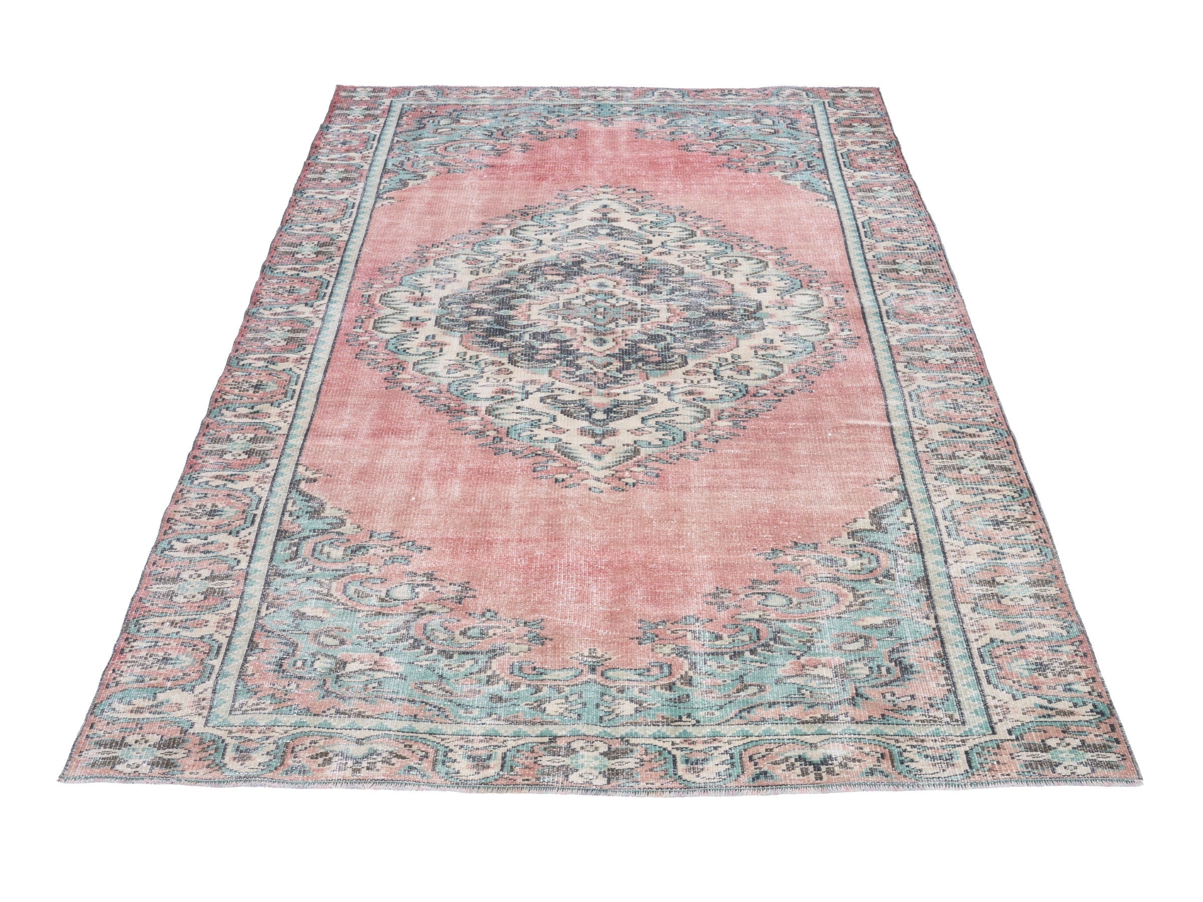 Turkish Manisa area rug in muted pink and celadon, view 2 of 10