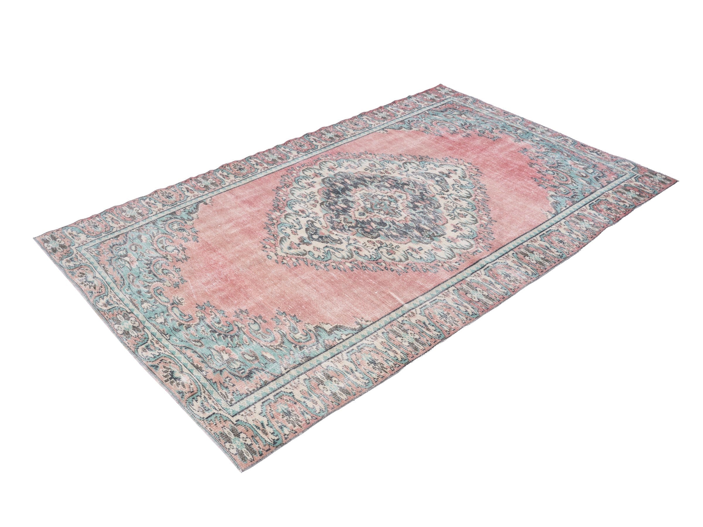 Turkish Manisa area rug in muted pink and celadon, view 3 of 10