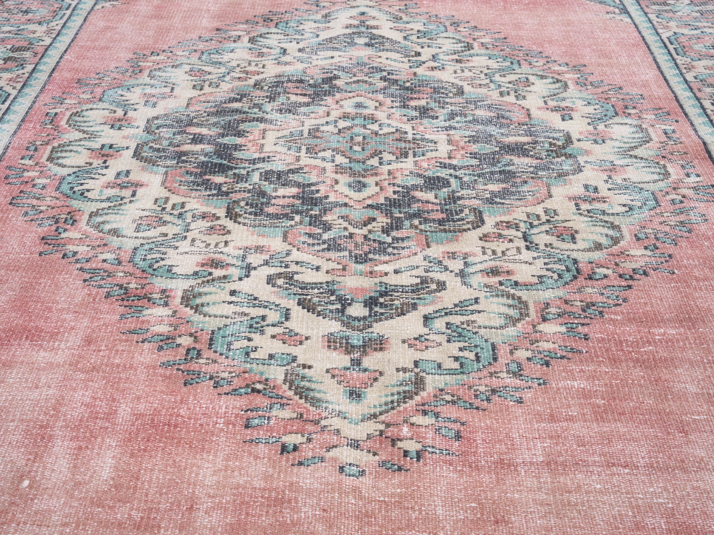 Turkish Manisa area rug in muted pink and celadon, view 4 of 10