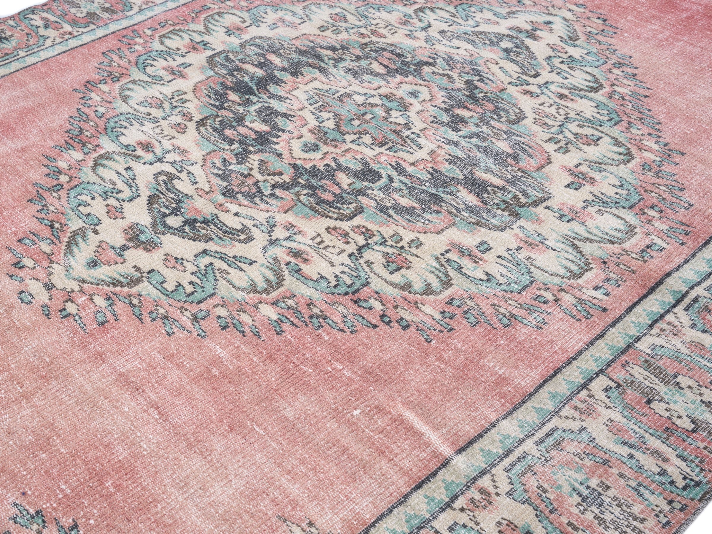 Turkish Manisa area rug in muted pink and celadon, view 5 of 10