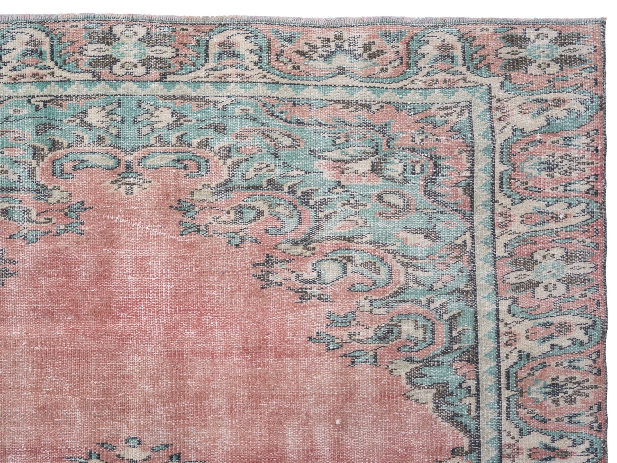 Turkish Manisa area rug in muted pink and celadon, view 8 of 10
