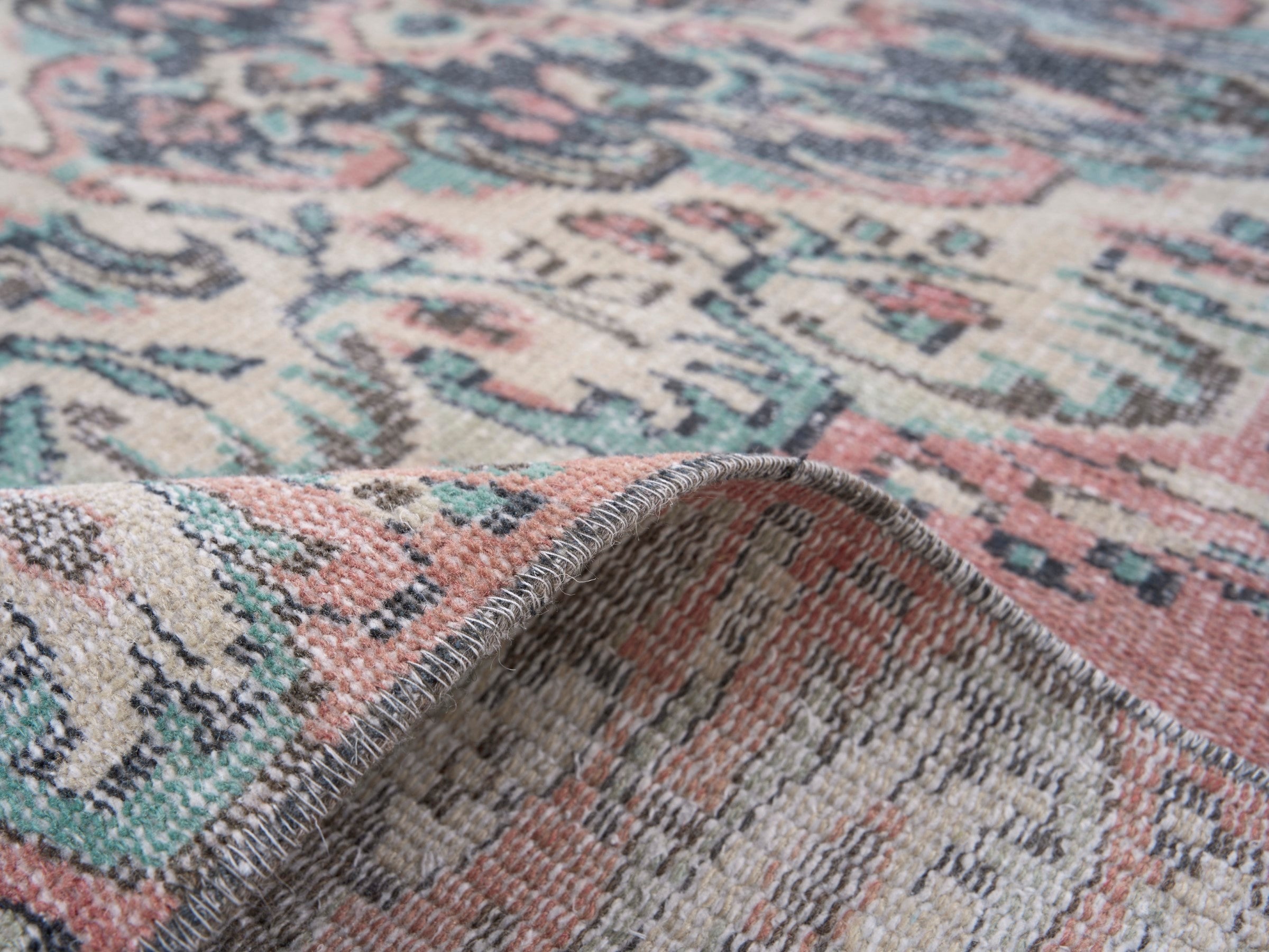 Turkish Manisa area rug in muted pink and celadon, view 9 of 10