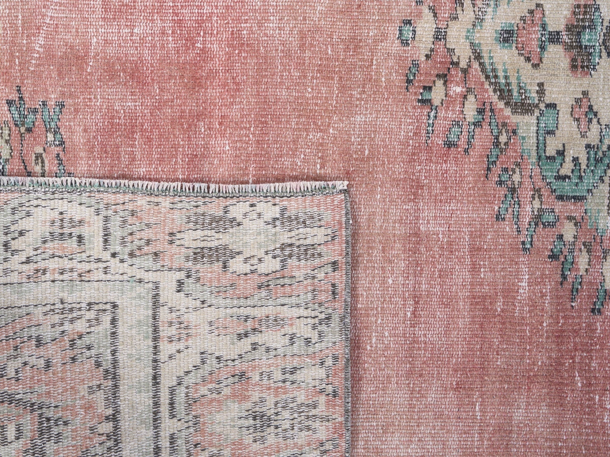 Turkish Manisa area rug in muted pink and celadon, view 10 of 10