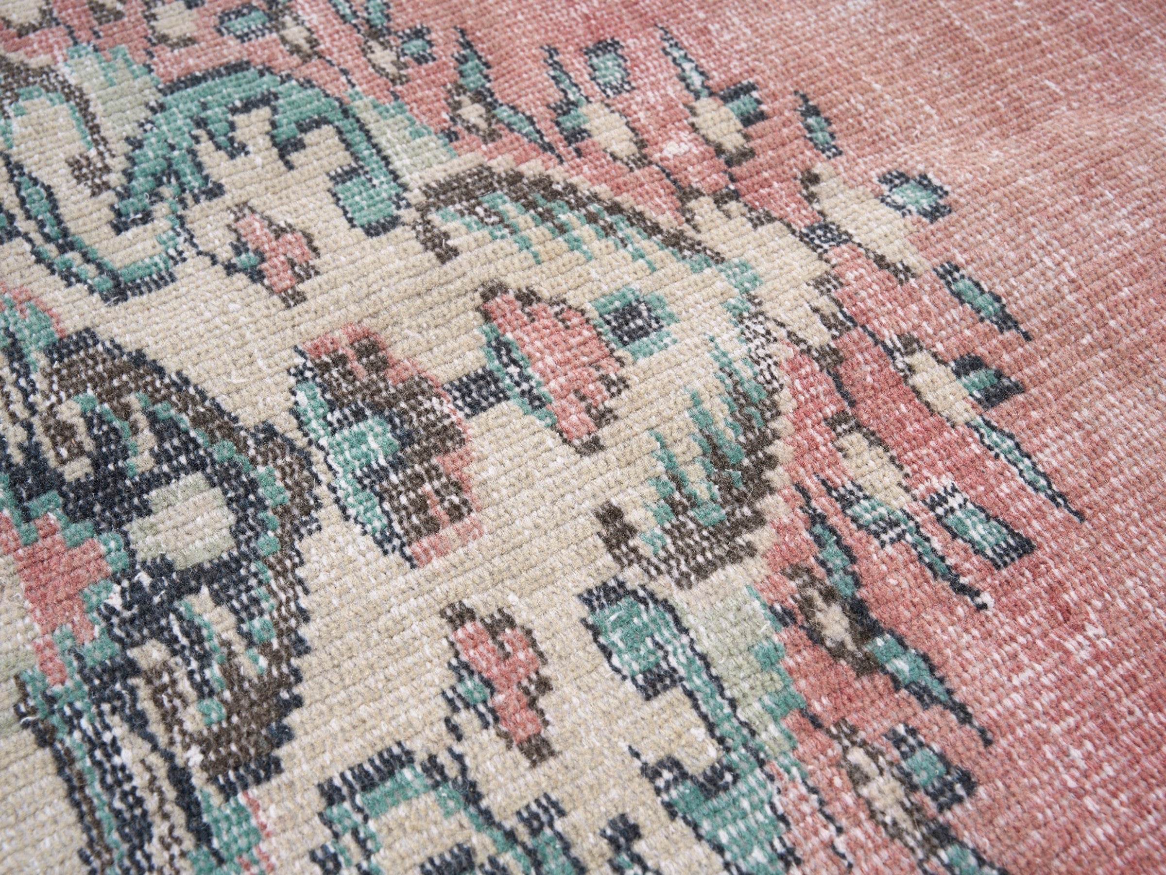 Turkish Manisa area rug in muted pink and celadon, view 7 of 10