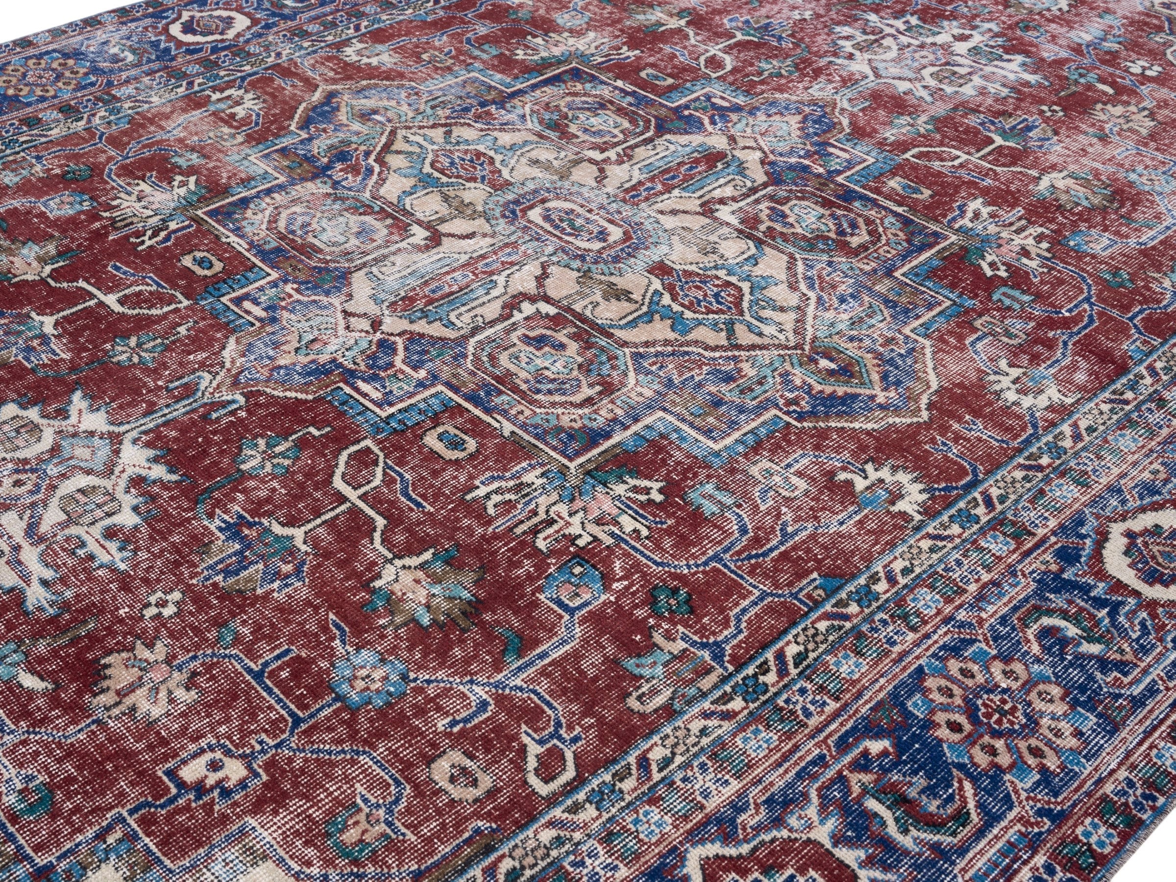 Turkish Isparta area rug in burgundy and navy, view 5 of 10