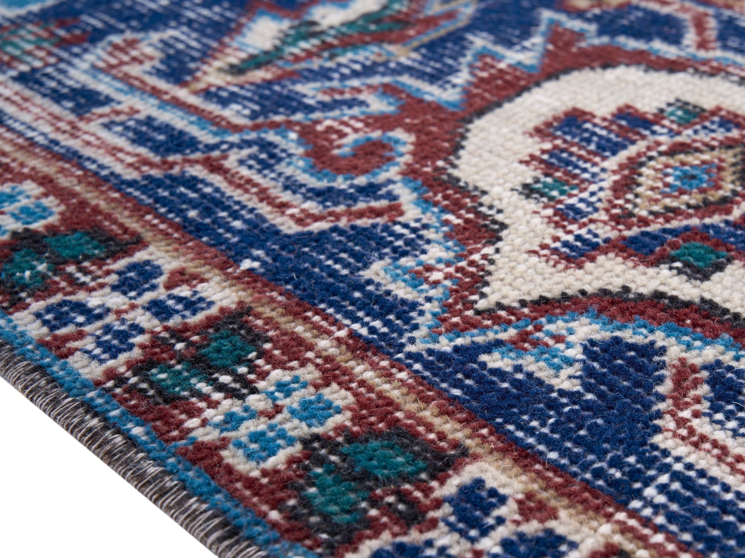 Turkish Isparta area rug in burgundy and navy, view 6 of 10