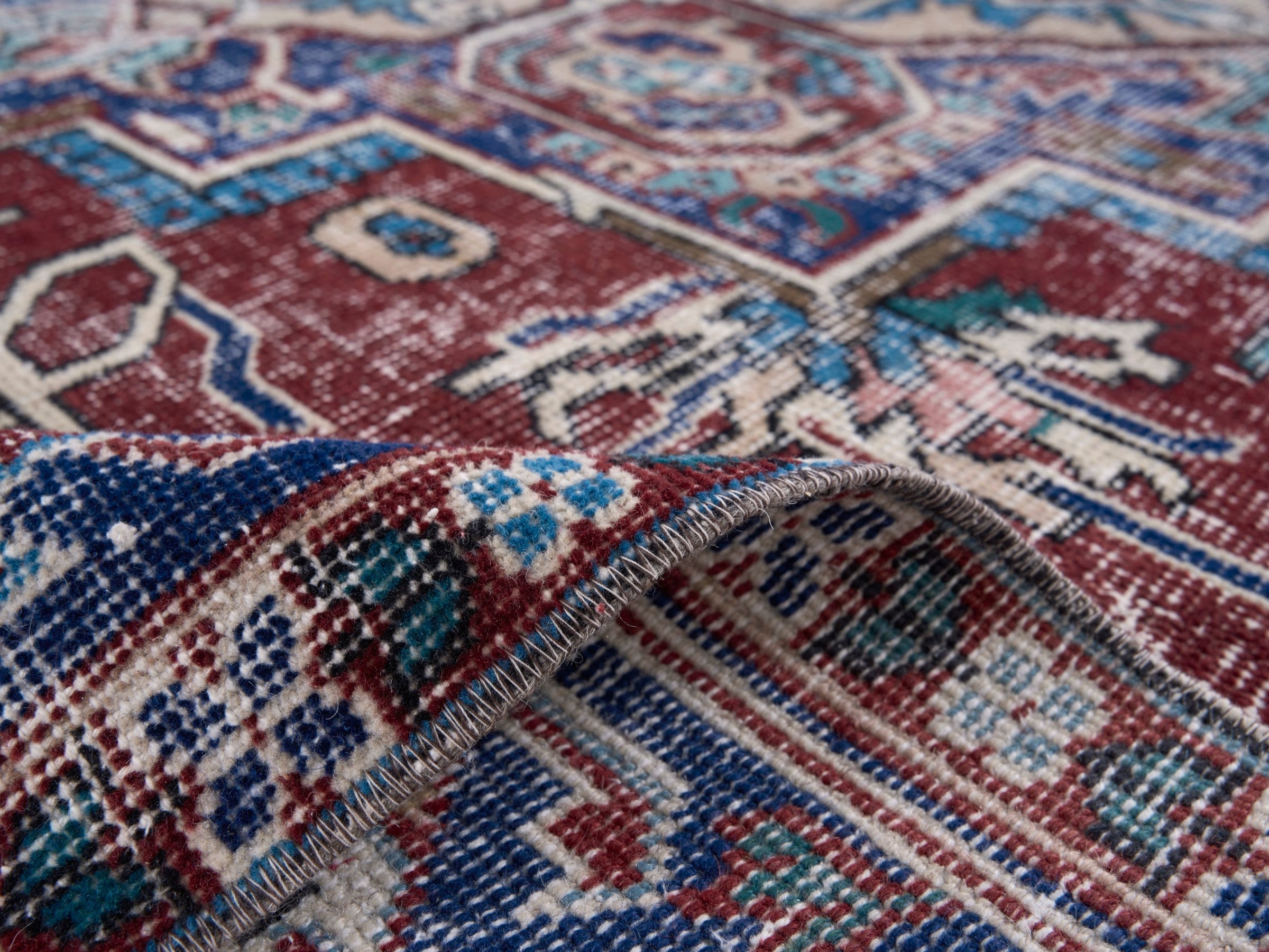 Turkish Isparta area rug in burgundy and navy, view 9 of 10