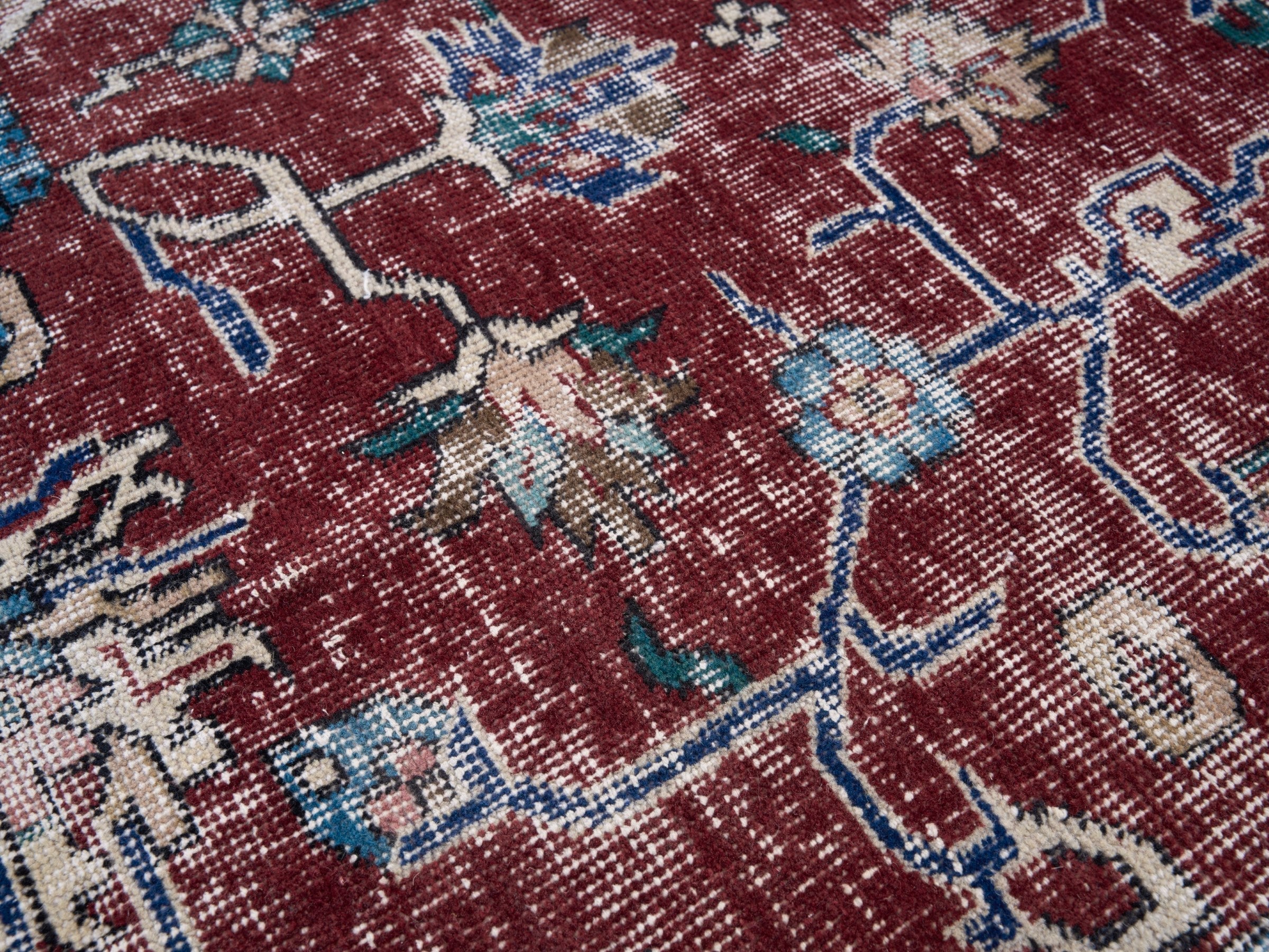 Turkish Isparta area rug in burgundy and navy, view 7 of 10