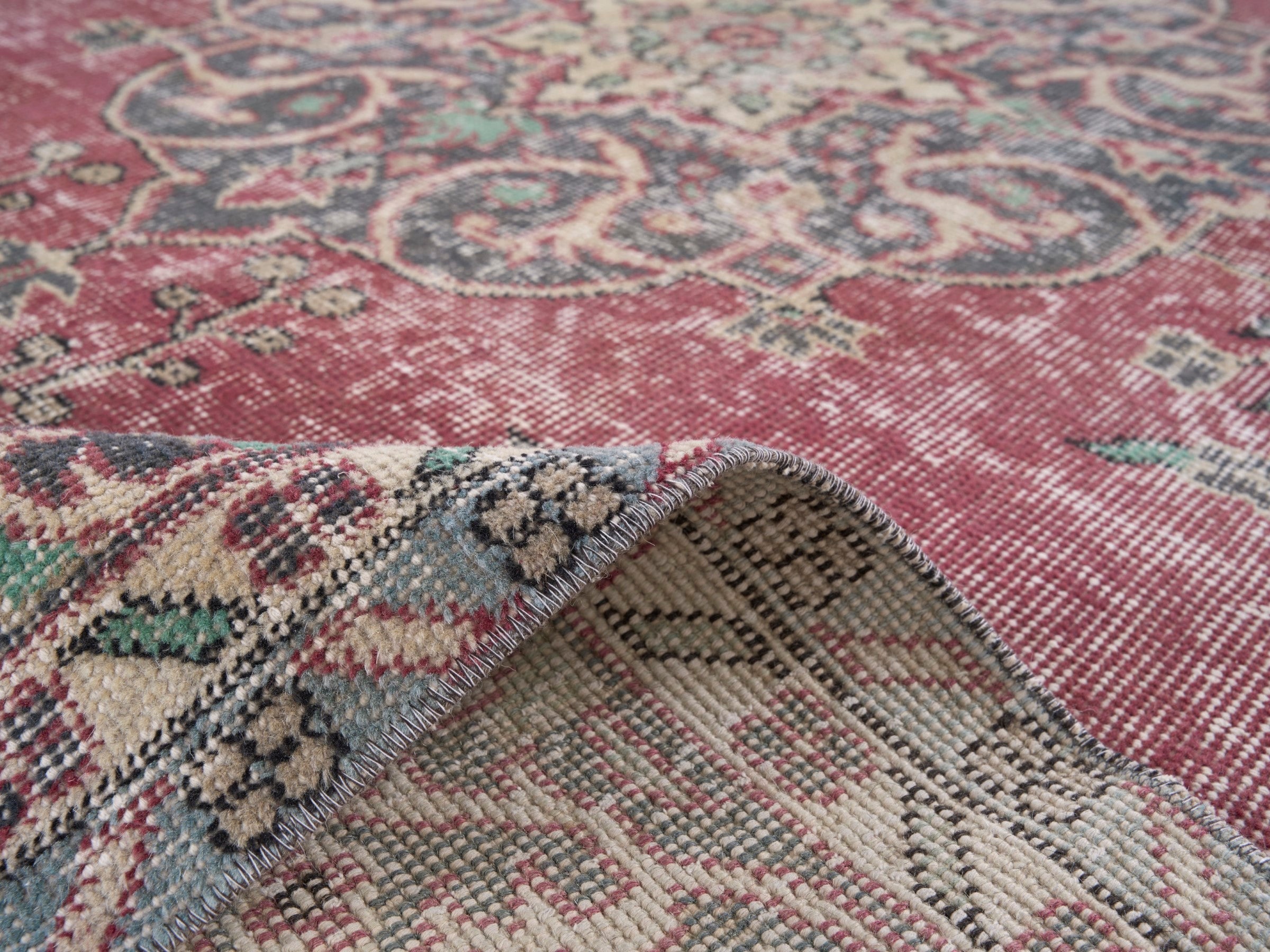 Turkish Isparta area rug in dusty rose and muted pink, view 9 of 10
