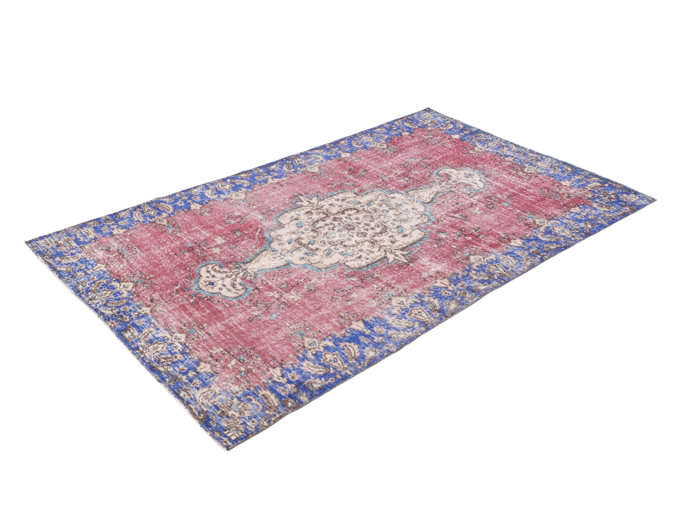 Turkish Isparta area rug in dusty rose and dark blue, view 3 of 10