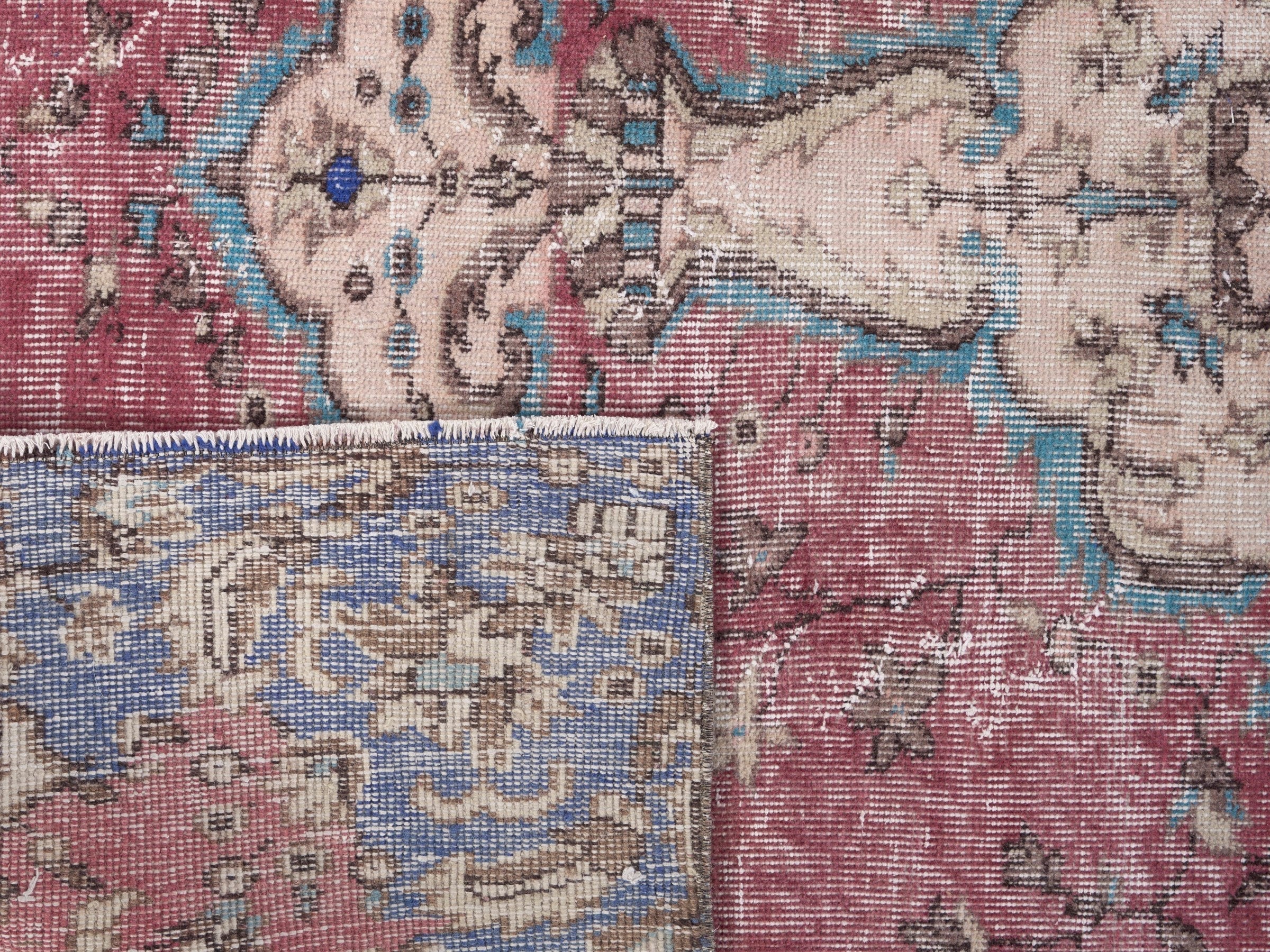 Turkish Isparta area rug in dusty rose and dark blue, view 10 of 10