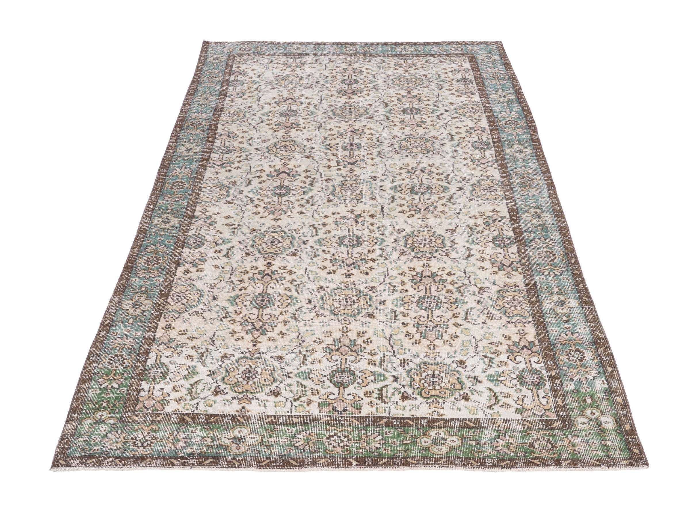 Turkish Isparta area rug in ivory and teal, view 2 of 10