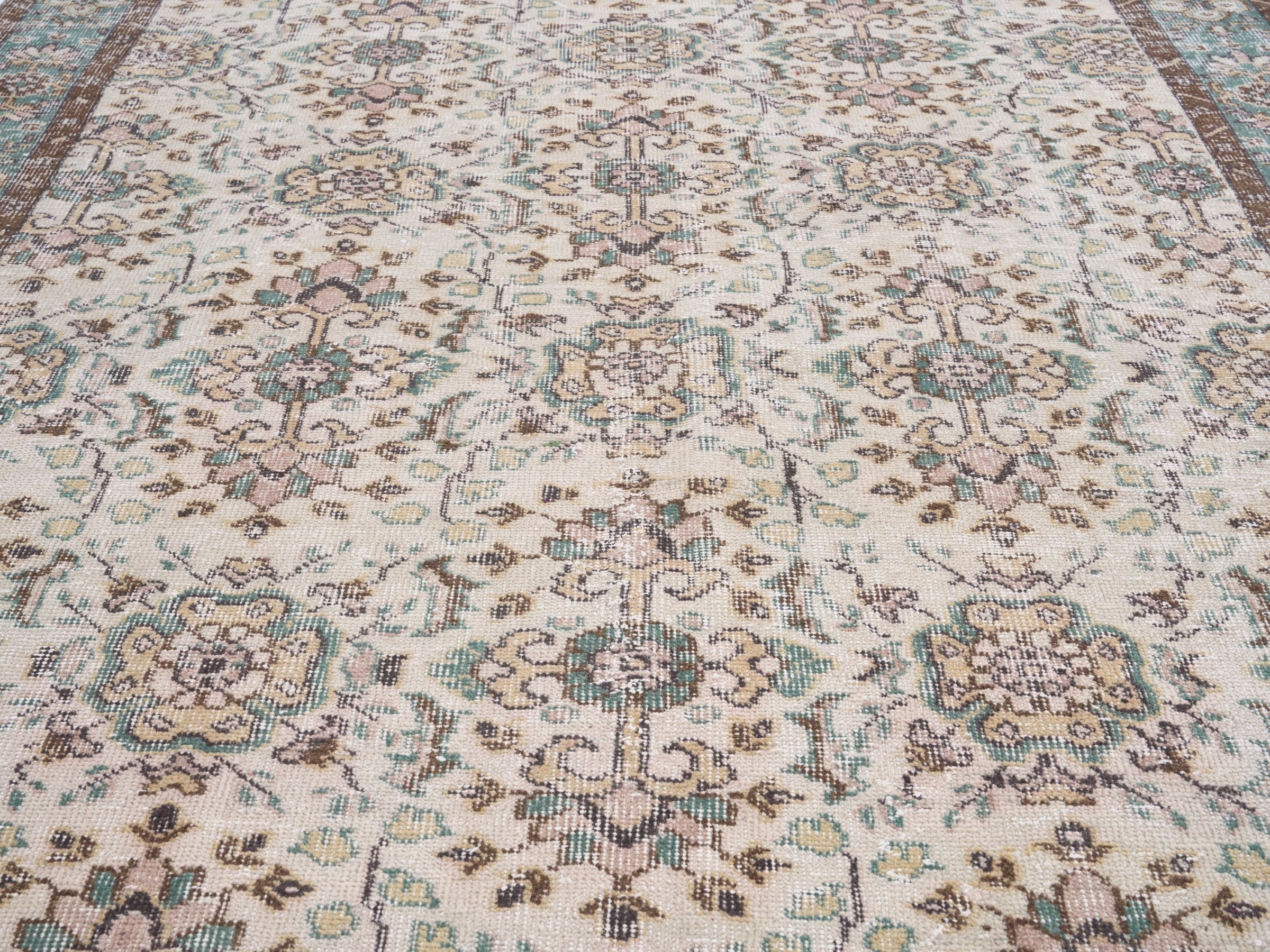 Turkish Isparta area rug in ivory and teal, view 4 of 10