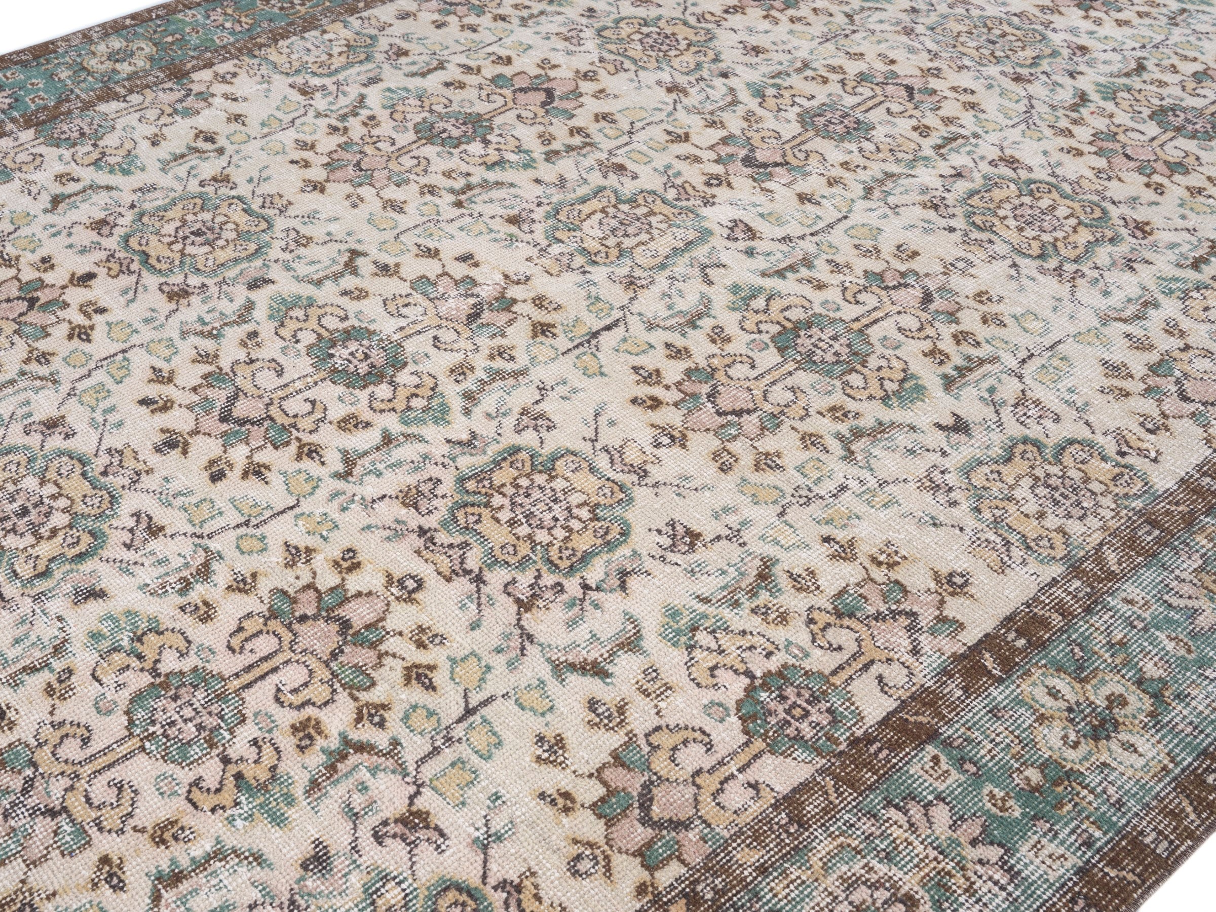 Turkish Isparta area rug in ivory and teal, view 5 of 10