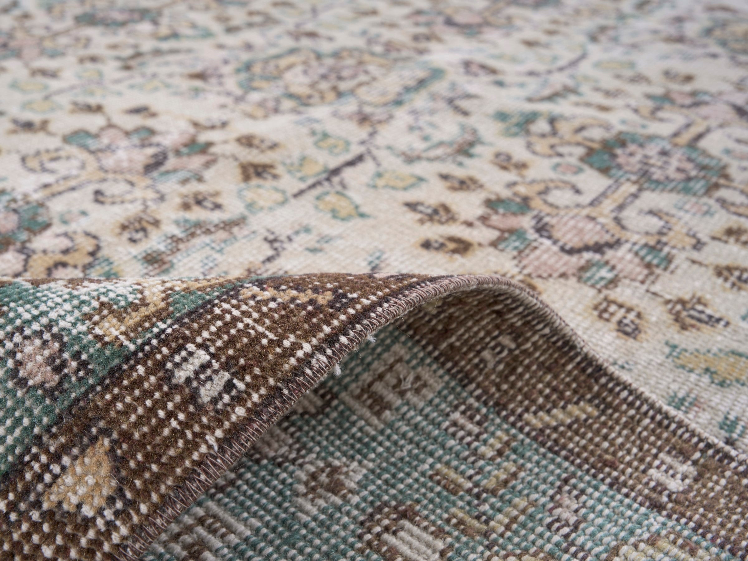 Turkish Isparta area rug in ivory and teal, view 9 of 10