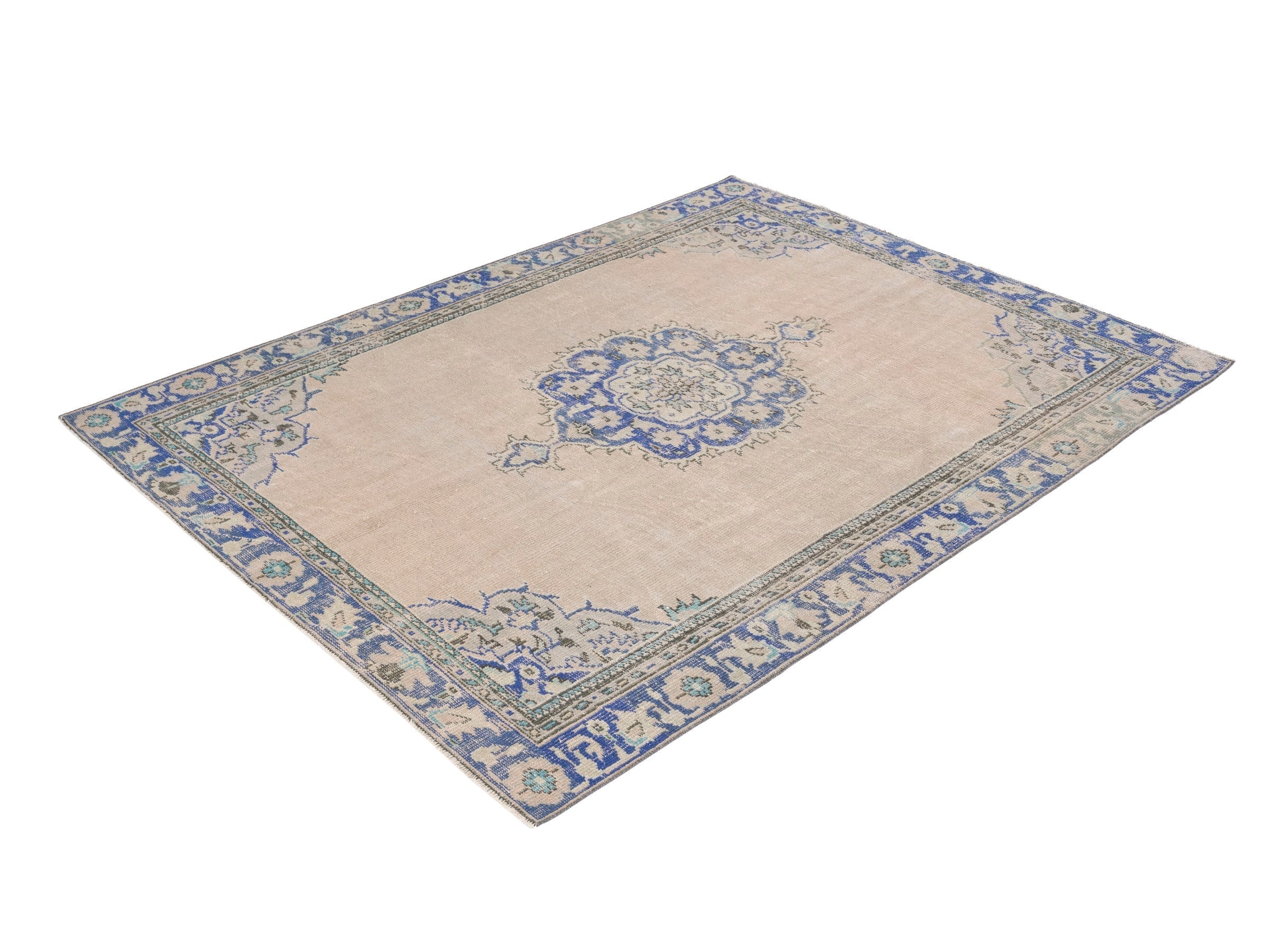 Turkish Manisa area rug in cream and denim, view 3 of 10