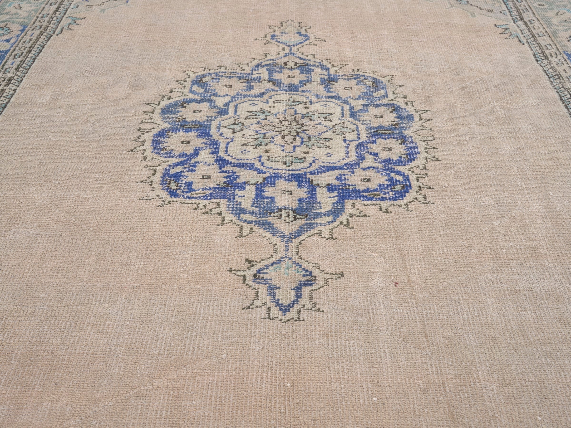 Turkish Manisa area rug in cream and denim, view 4 of 10