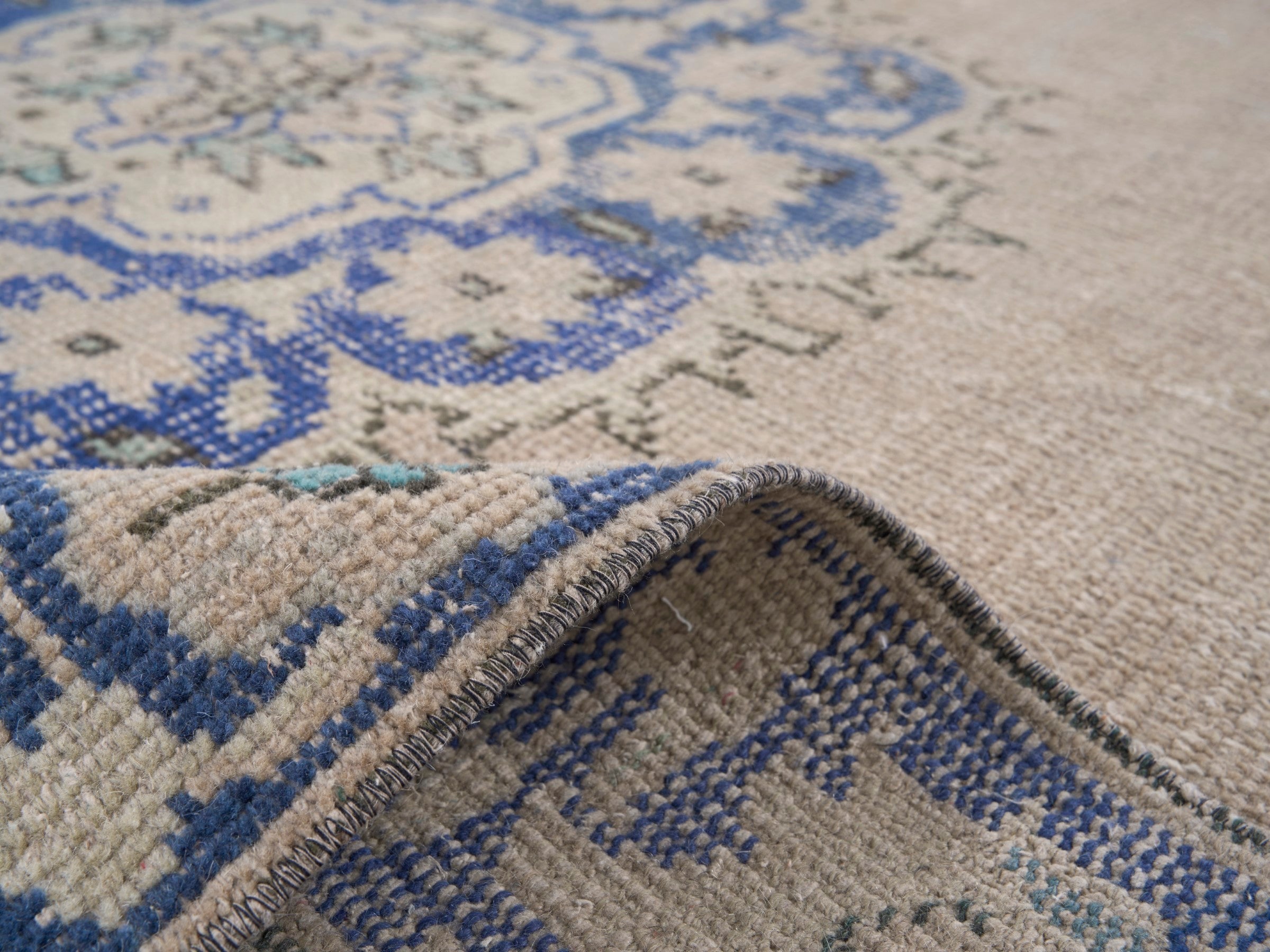 Turkish Manisa area rug in cream and denim, view 9 of 10