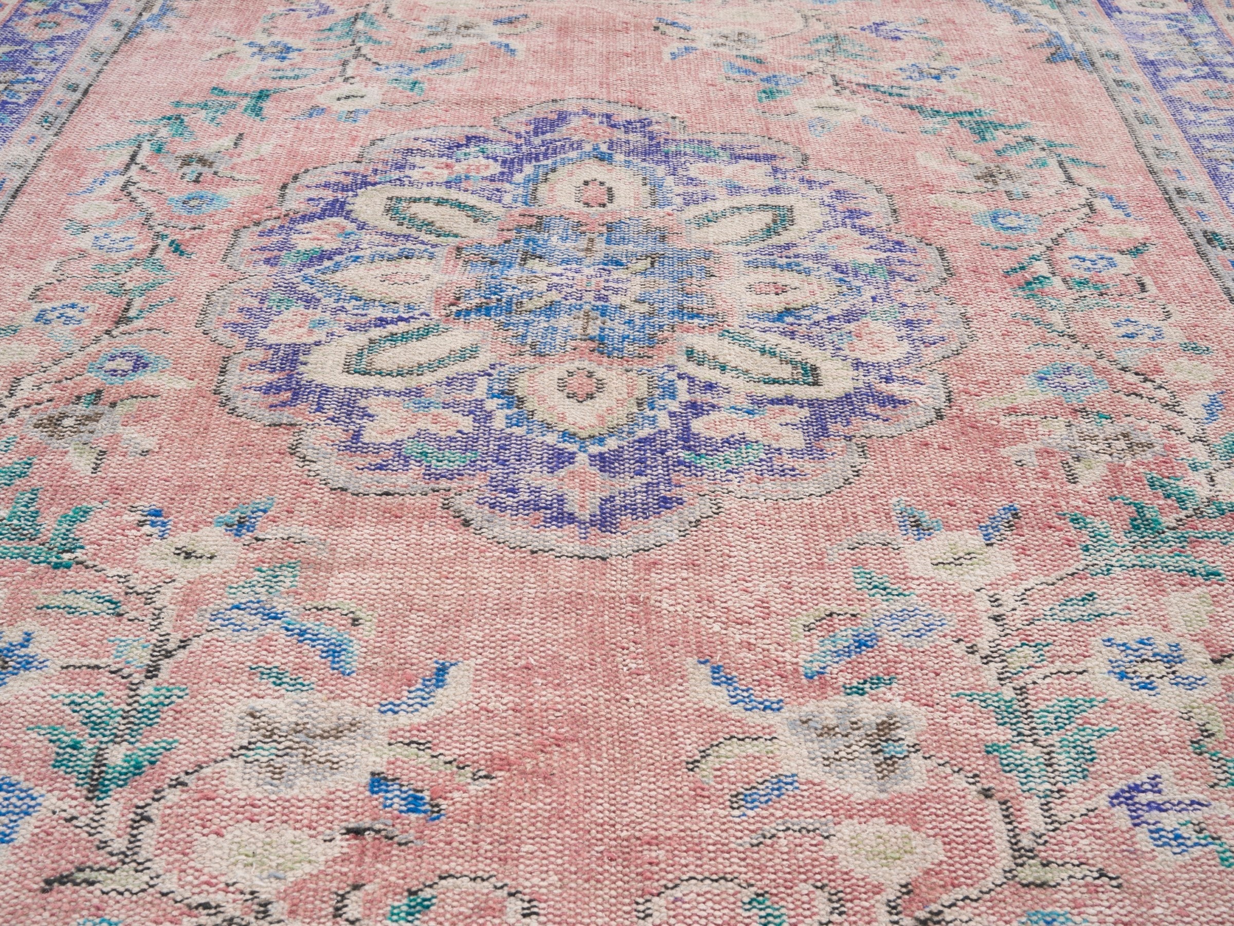 Turkish Manisa area rug in muted pink and lilac, view 4 of 10