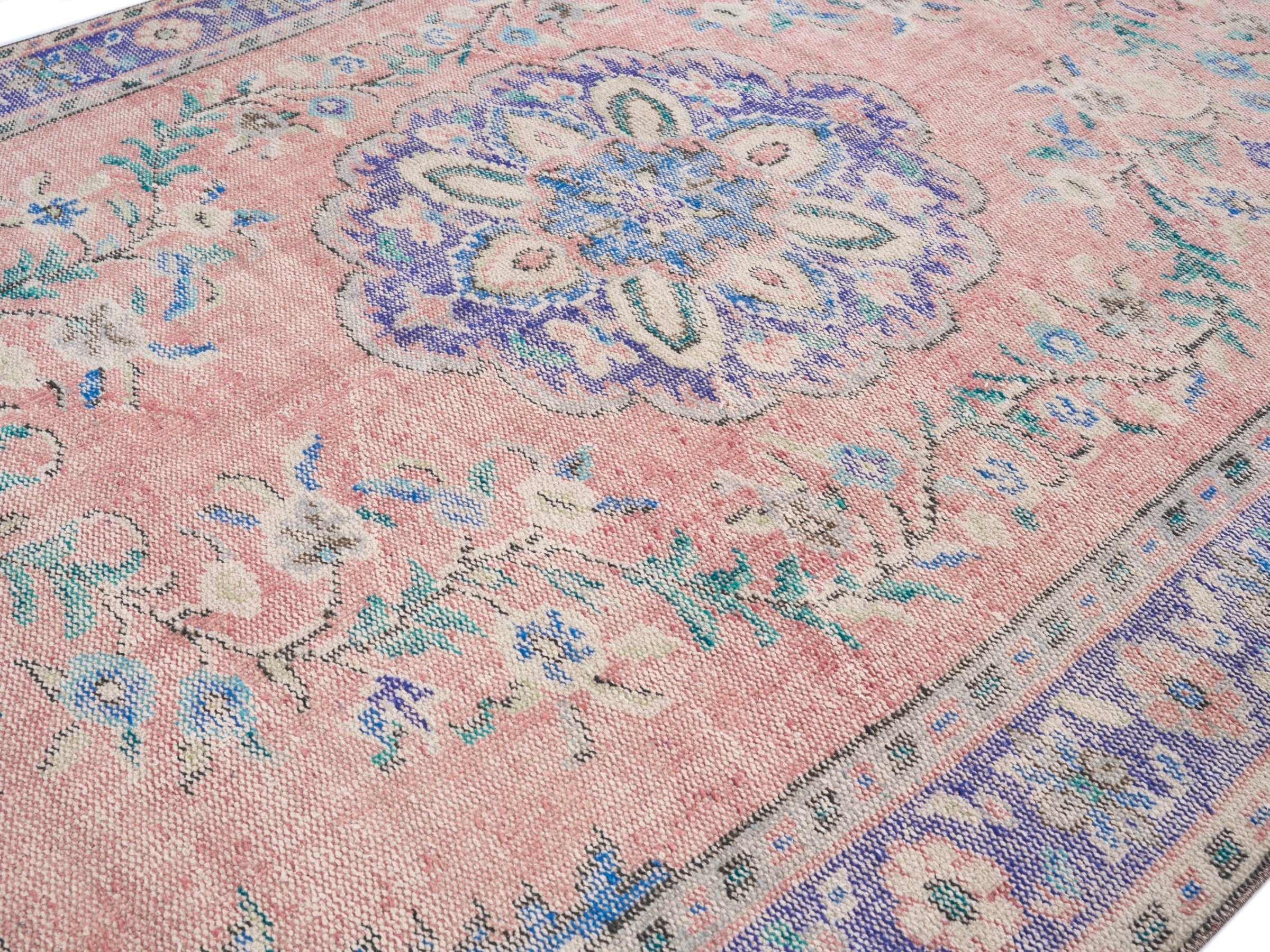 Turkish Manisa area rug in muted pink and lilac, view 5 of 10