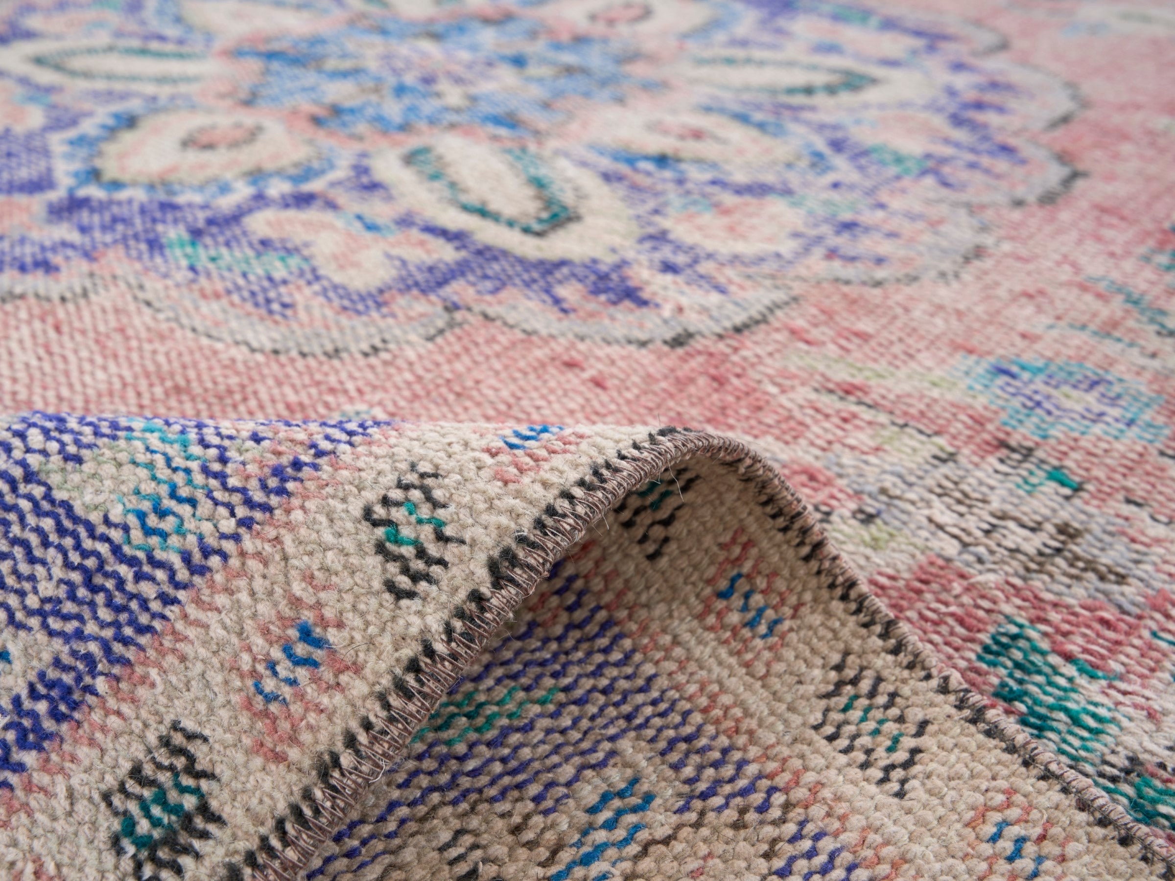 Turkish Manisa area rug in muted pink and lilac, view 9 of 10