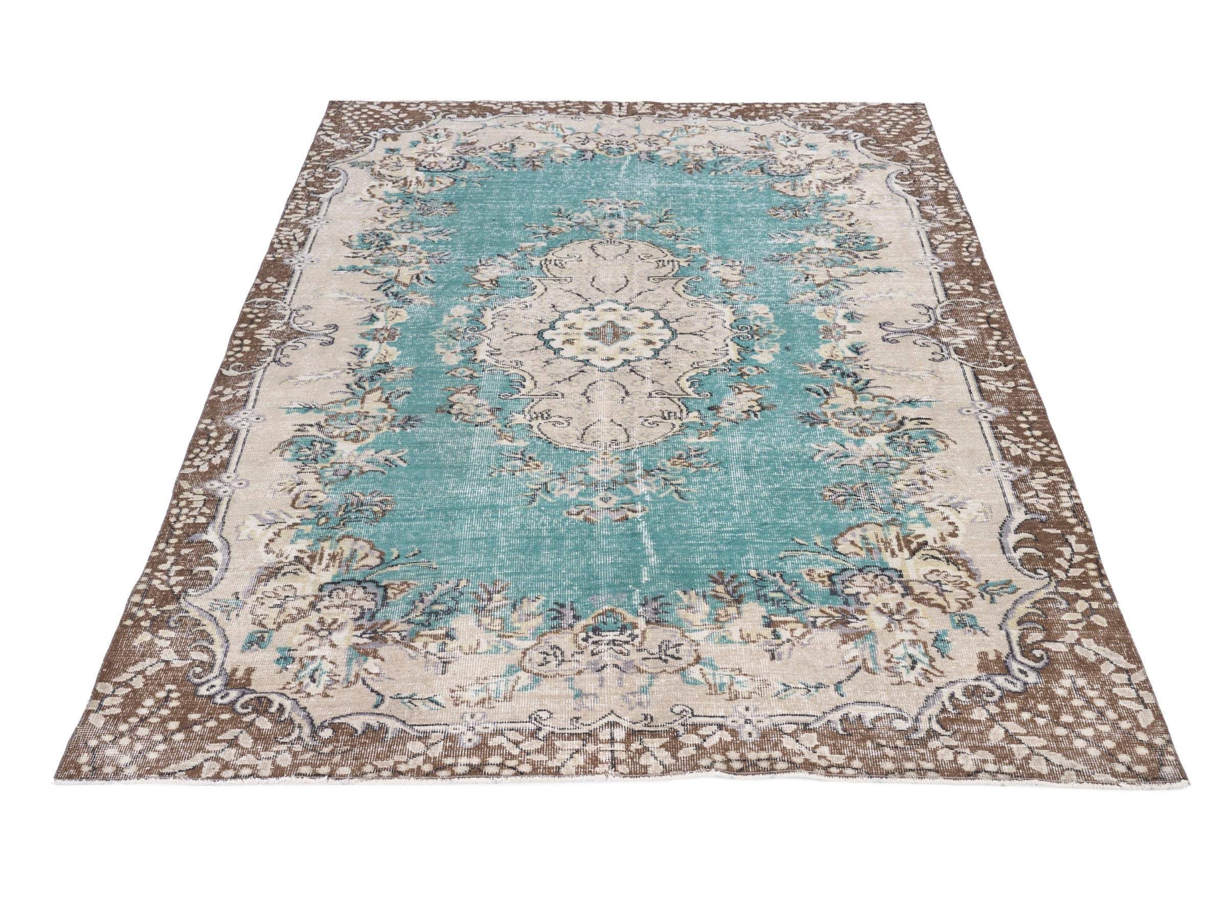 Turkish Isparta area rug in turquoise and cream, view 2 of 10