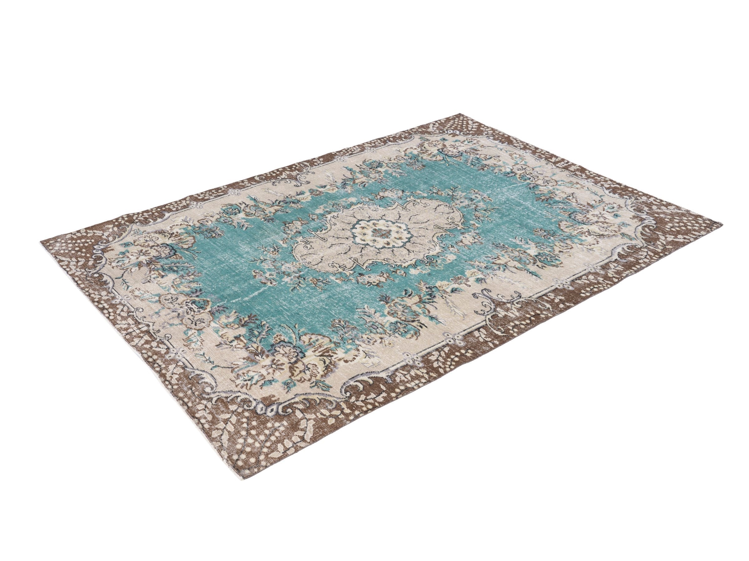 Turkish Isparta area rug in turquoise and cream, view 3 of 10