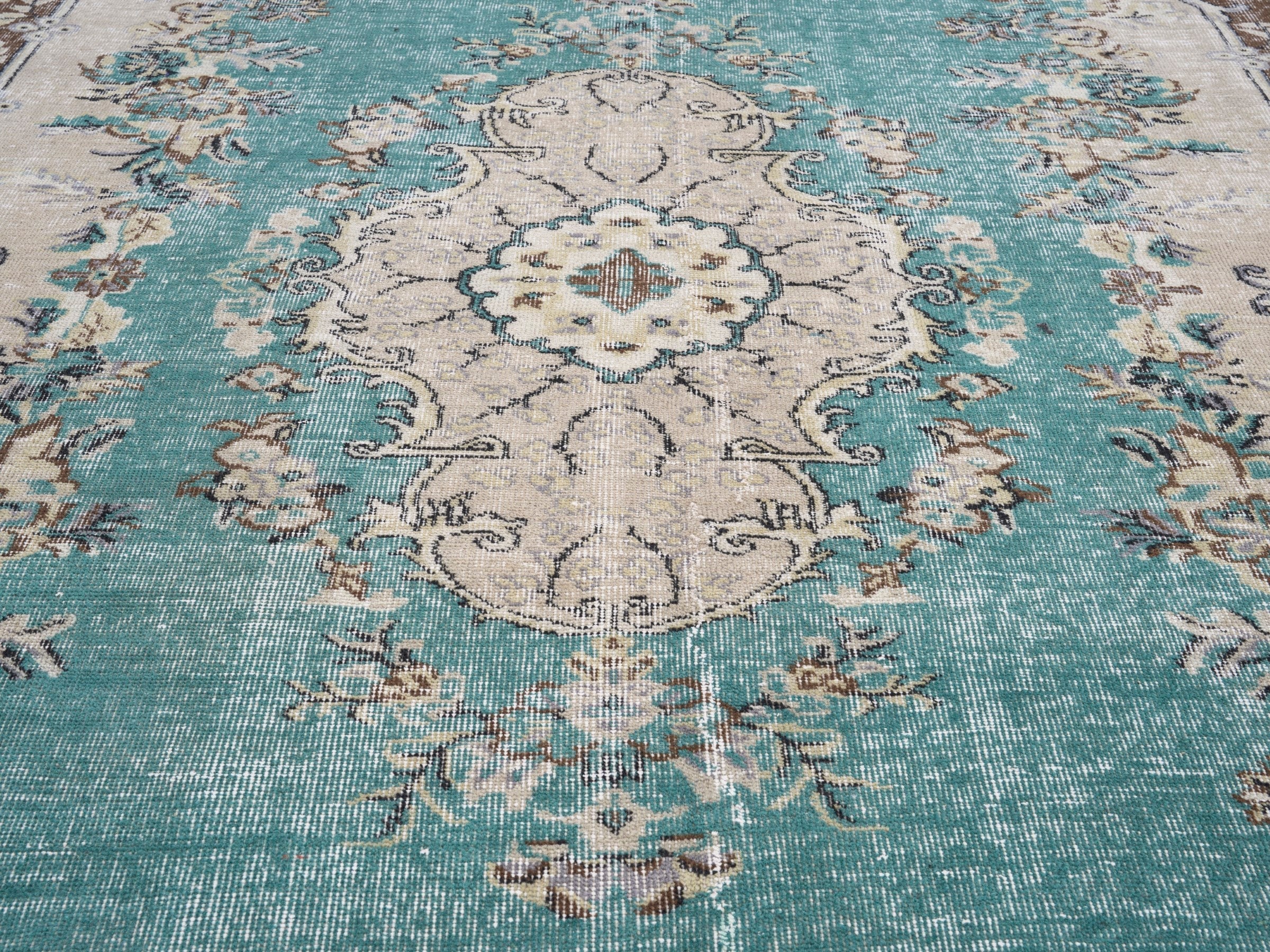 Turkish Isparta area rug in turquoise and cream, view 4 of 10