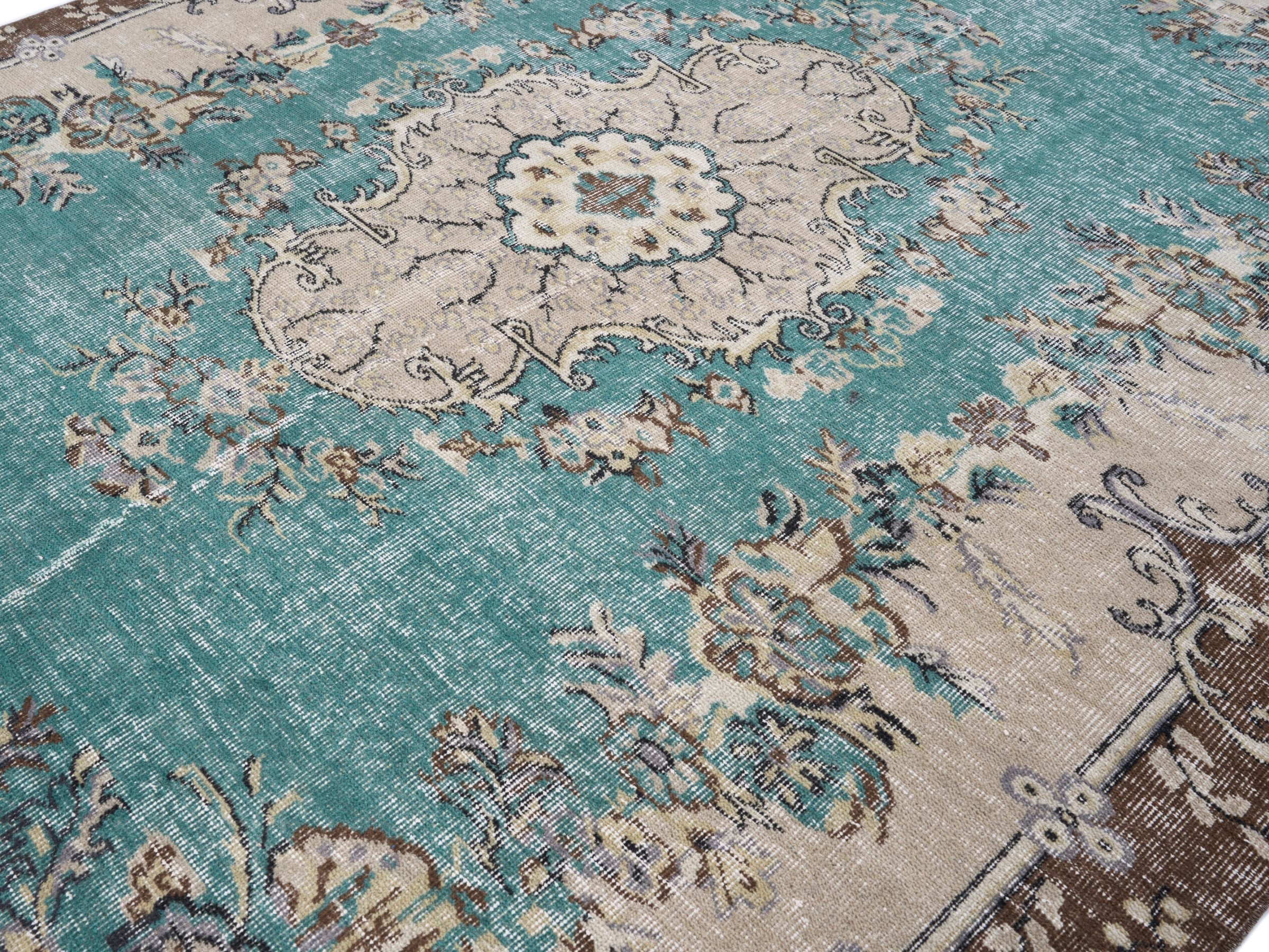 Turkish Isparta area rug in turquoise and cream, view 5 of 10