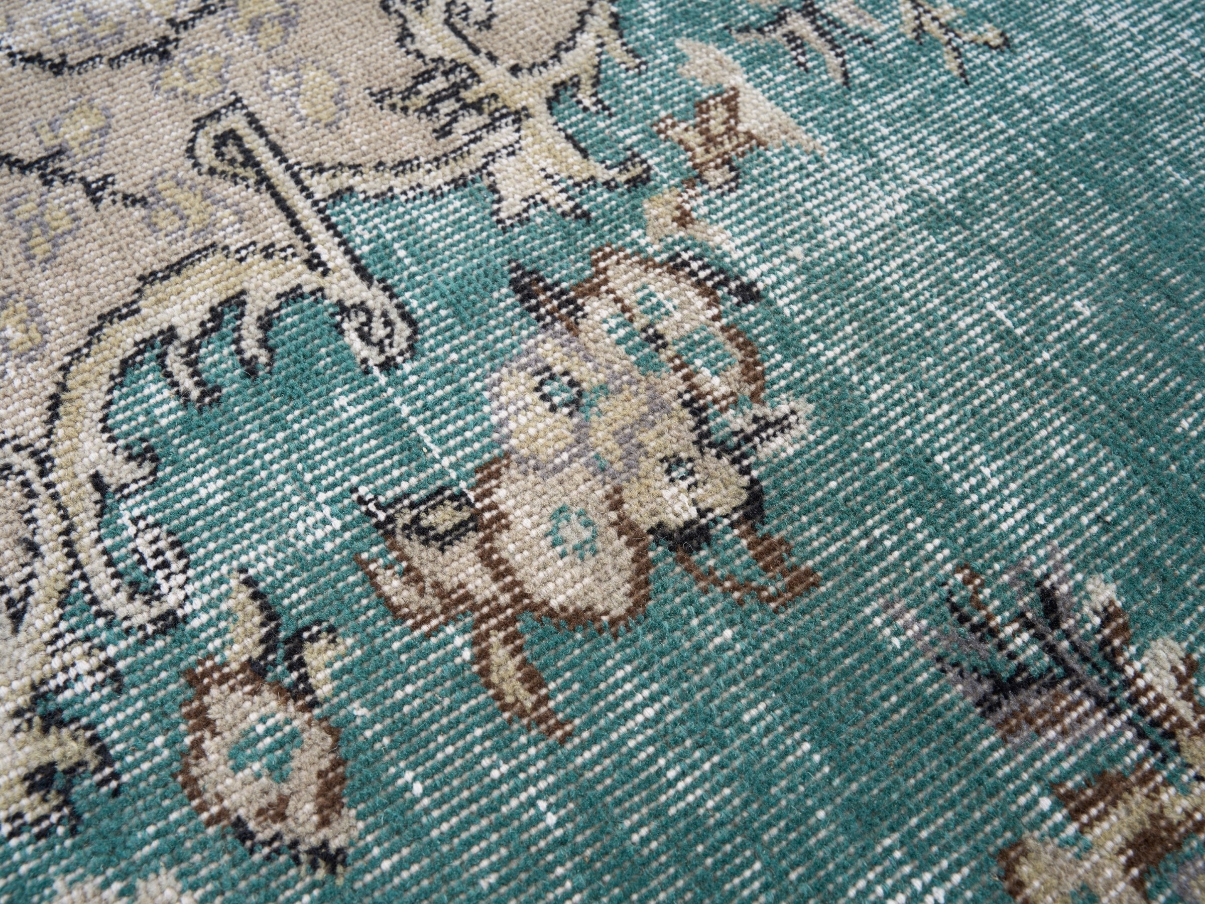 Turkish Isparta area rug in turquoise and cream, view 7 of 10