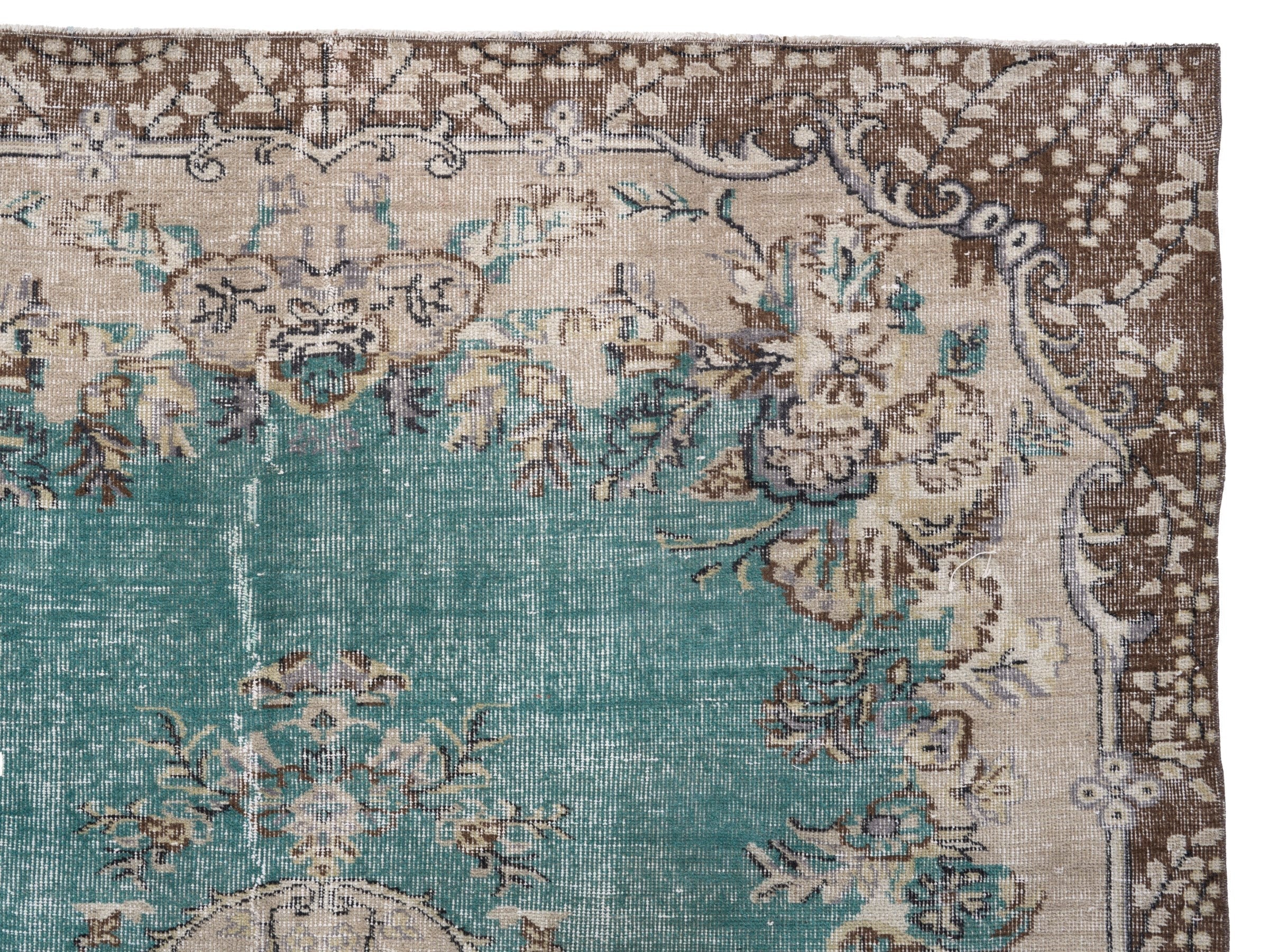 Turkish Isparta area rug in turquoise and cream, view 8 of 10