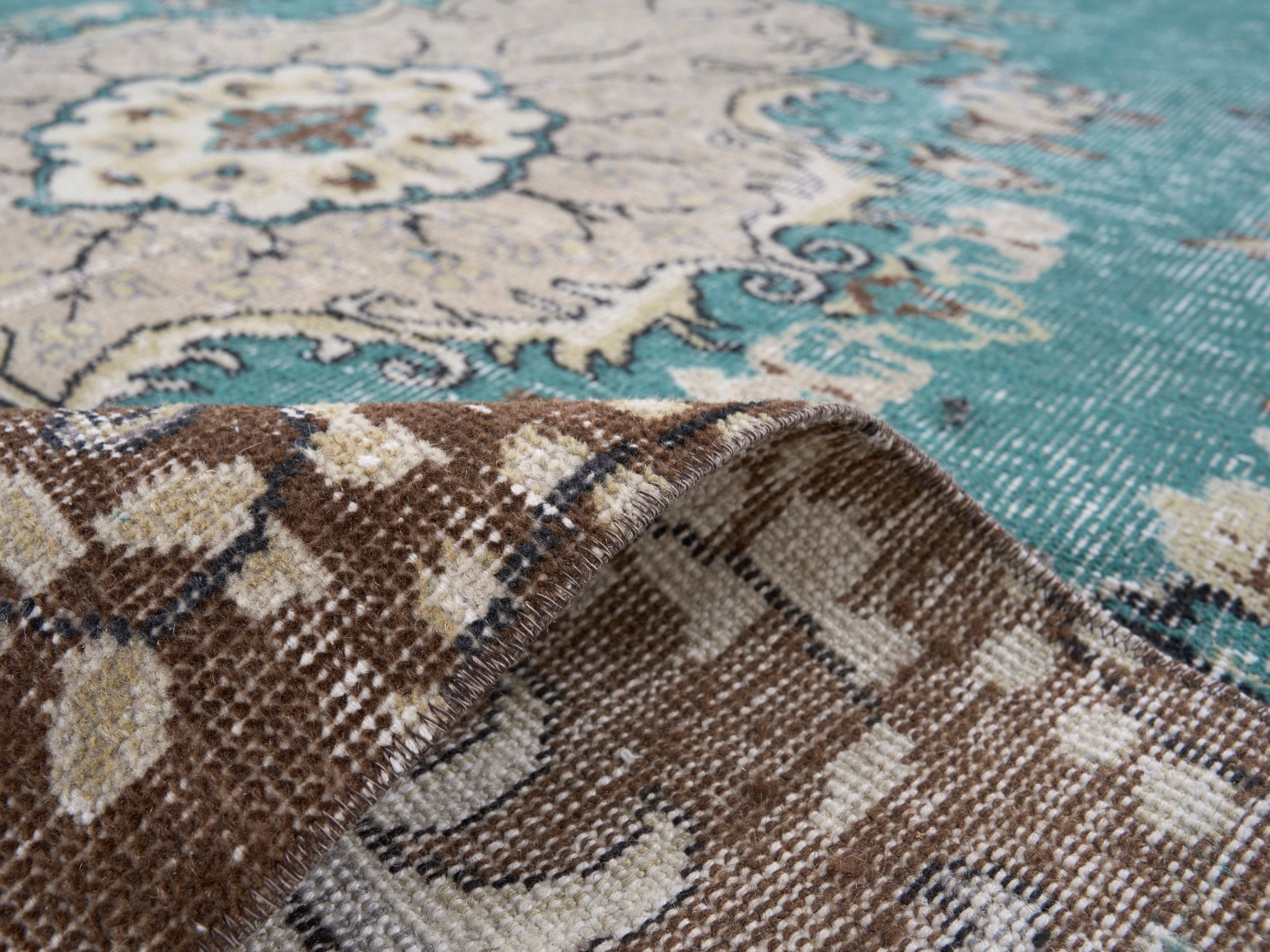 Turkish Isparta area rug in turquoise and cream, view 9 of 10