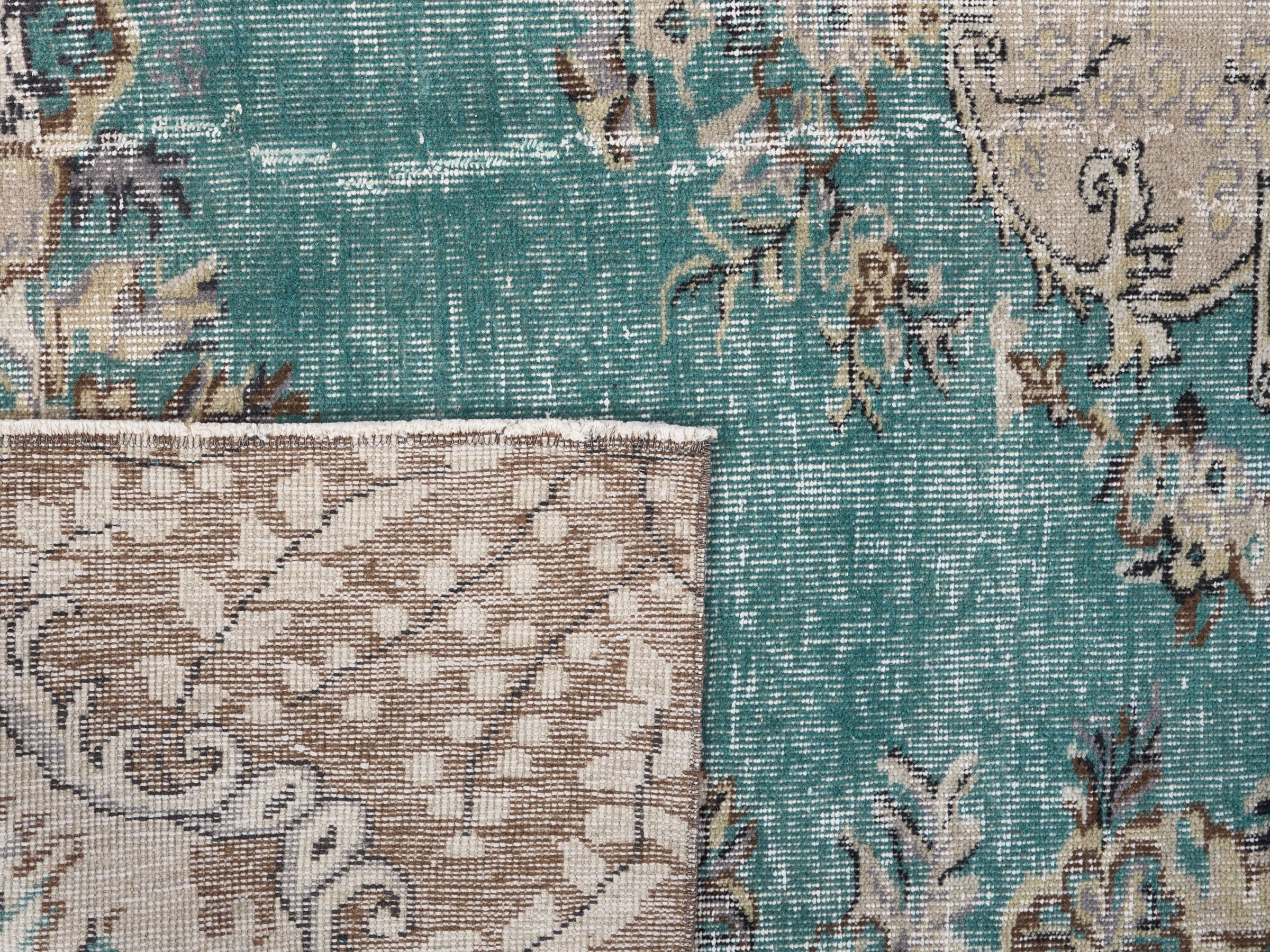 Turkish Isparta area rug in turquoise and cream, view 10 of 10