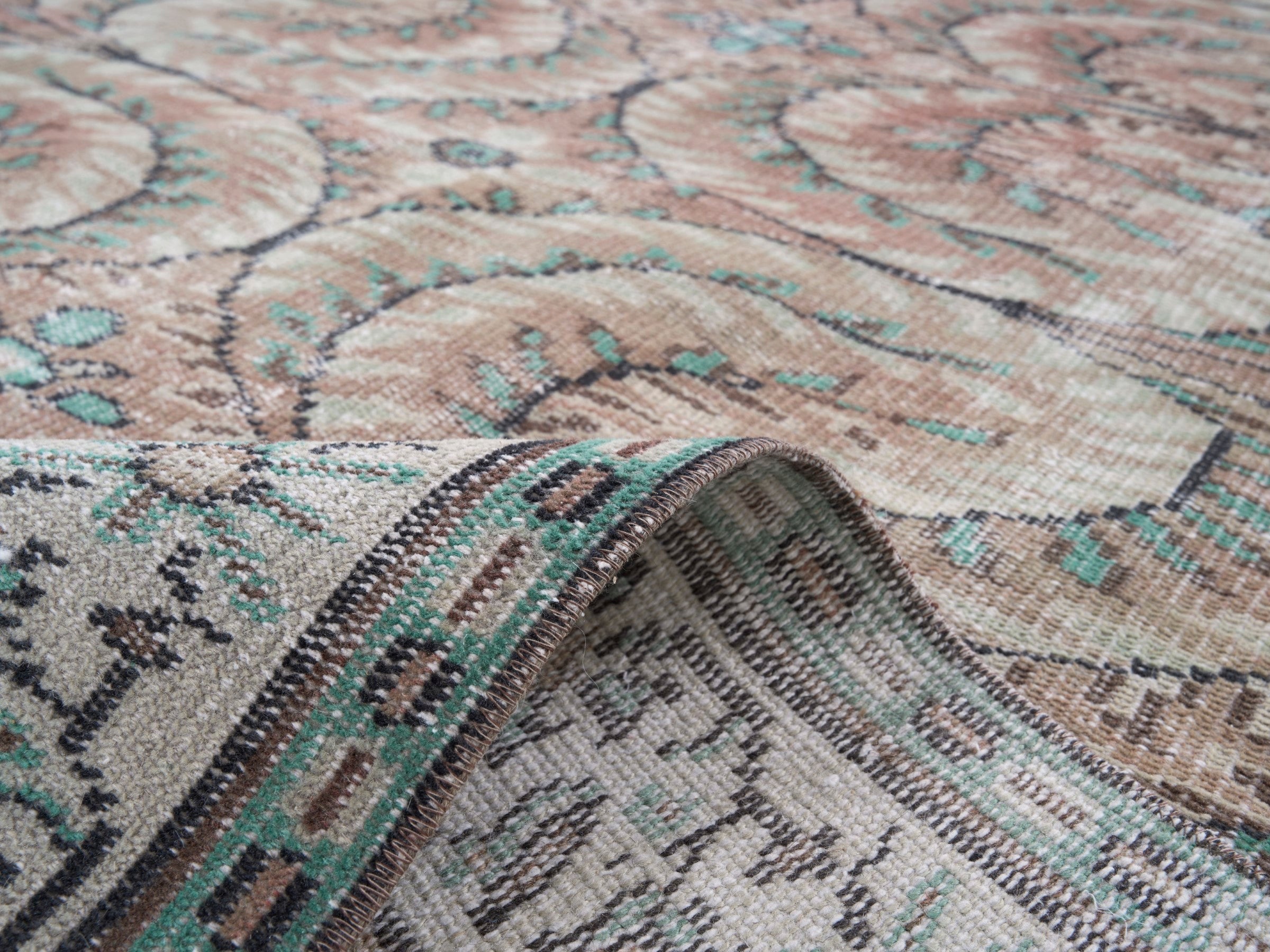 Turkish Manisa area rug in muted pink and cream, view 9 of 10